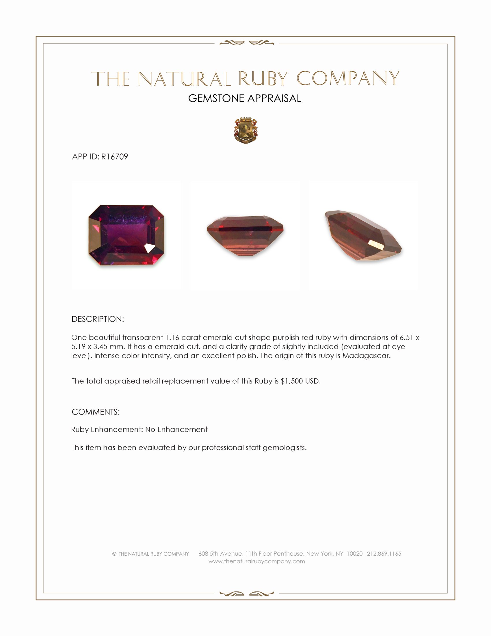 1.16 Ct. Purplish Red Ruby from Madagascar
