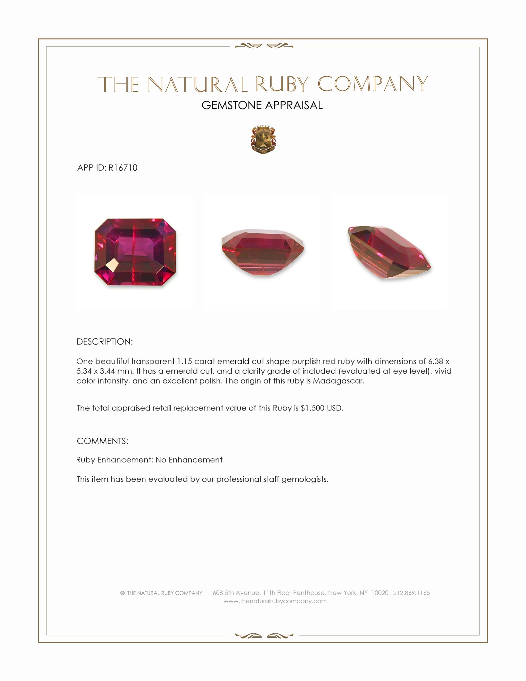 1.15 Ct. Purplish Red Ruby from Madagascar
