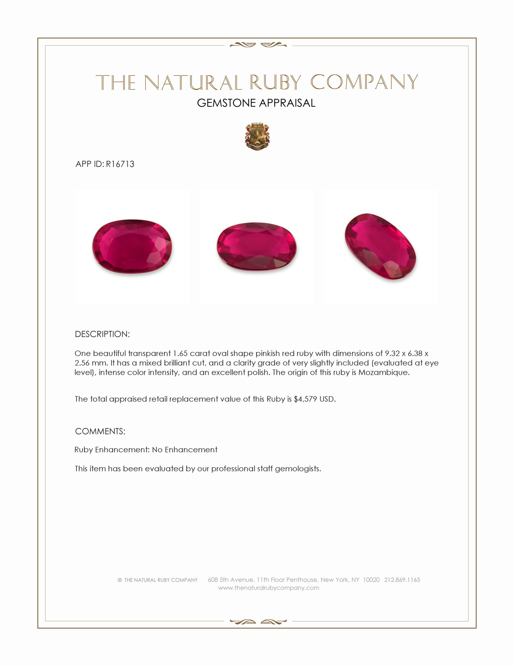 1.65 Ct. Pinkish Red Ruby from Mozambique