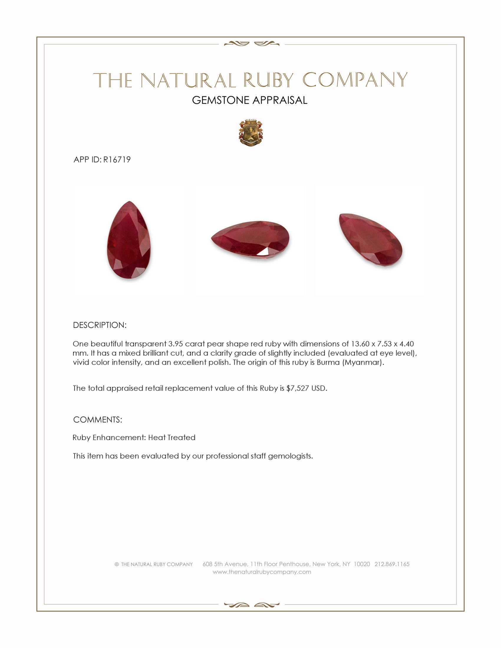 3.95 Ct. Ruby from Burma (Myanmar)