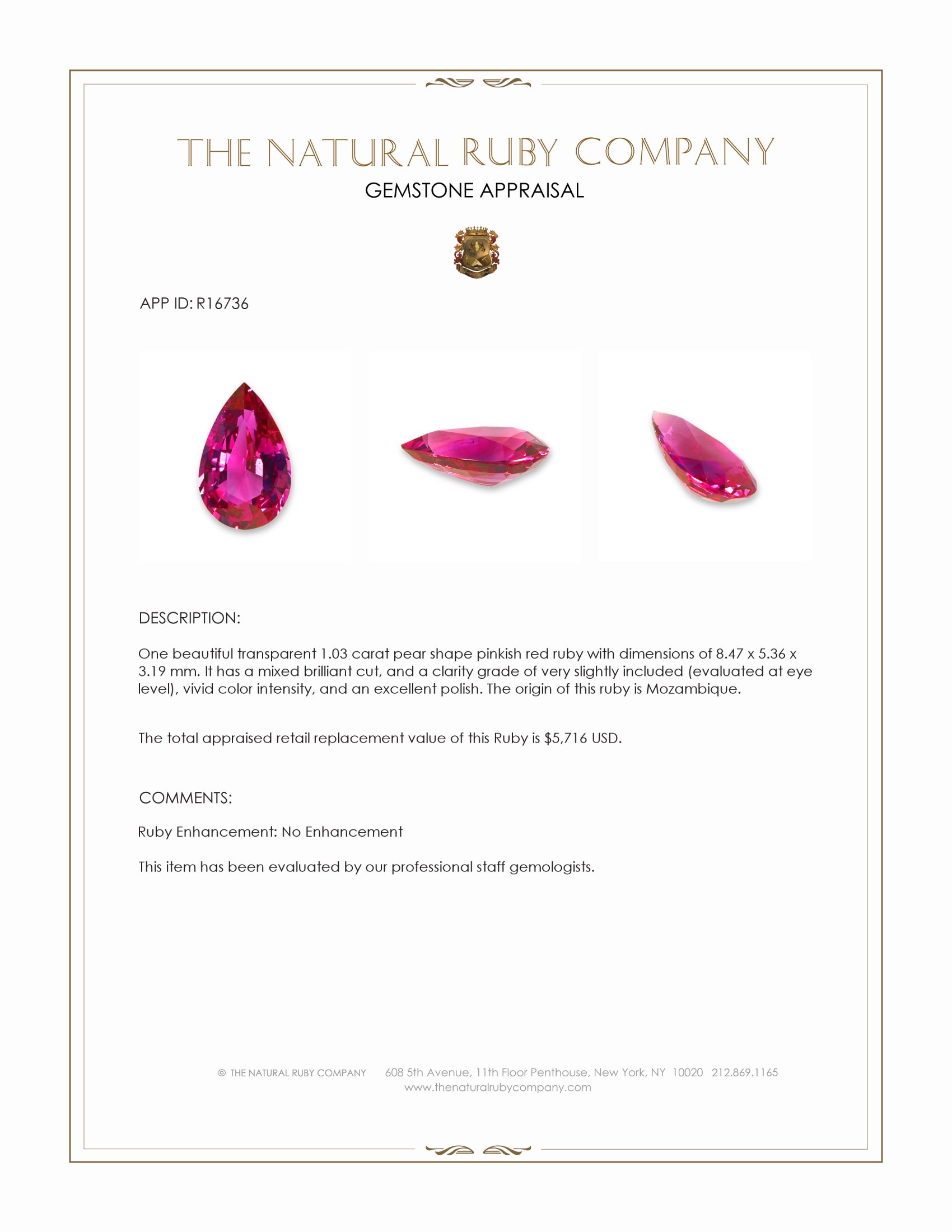 1.03 Ct. Pinkish Red Ruby from Mozambique