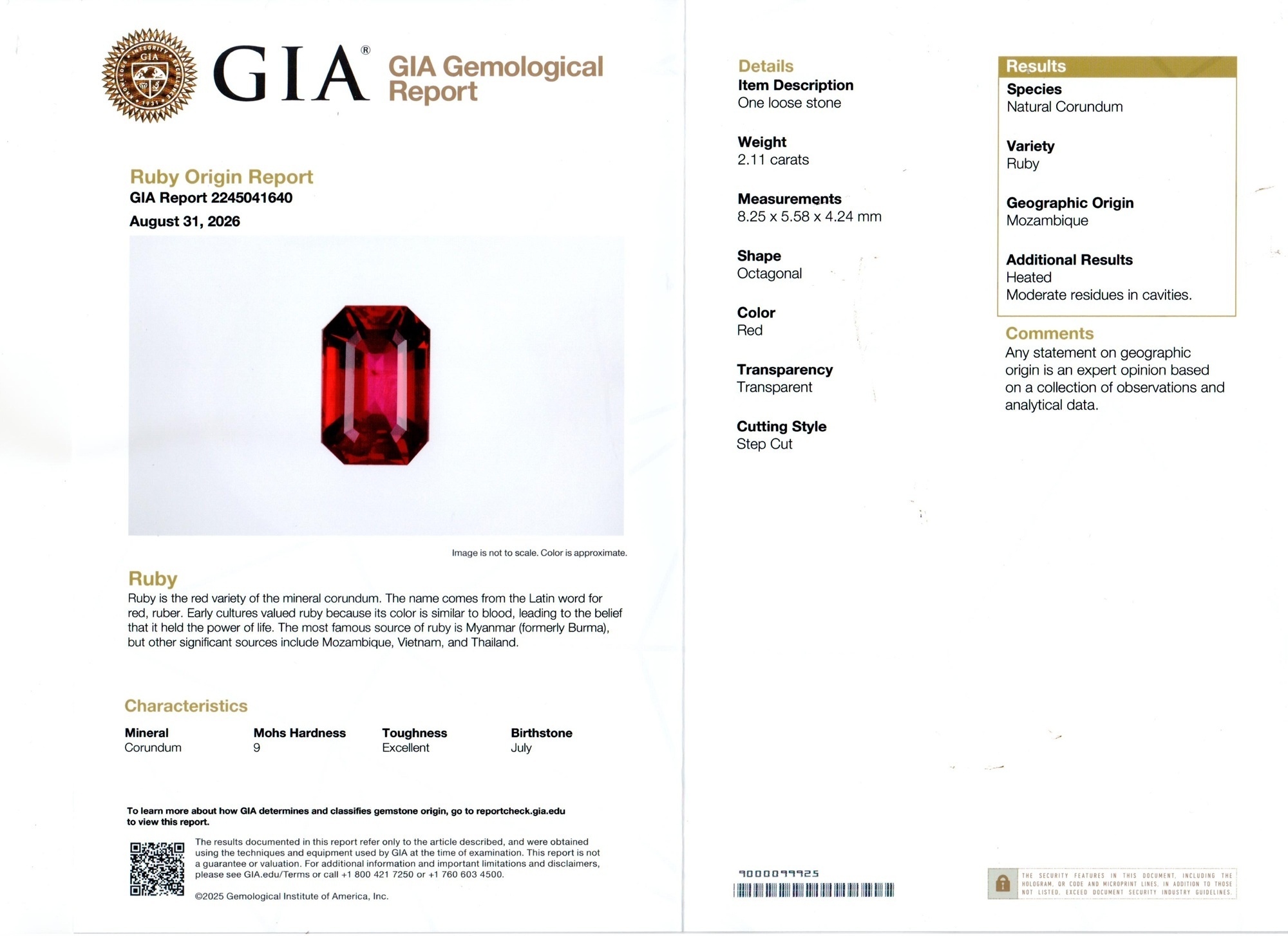 2.11 Ct. Ruby from Mozambique