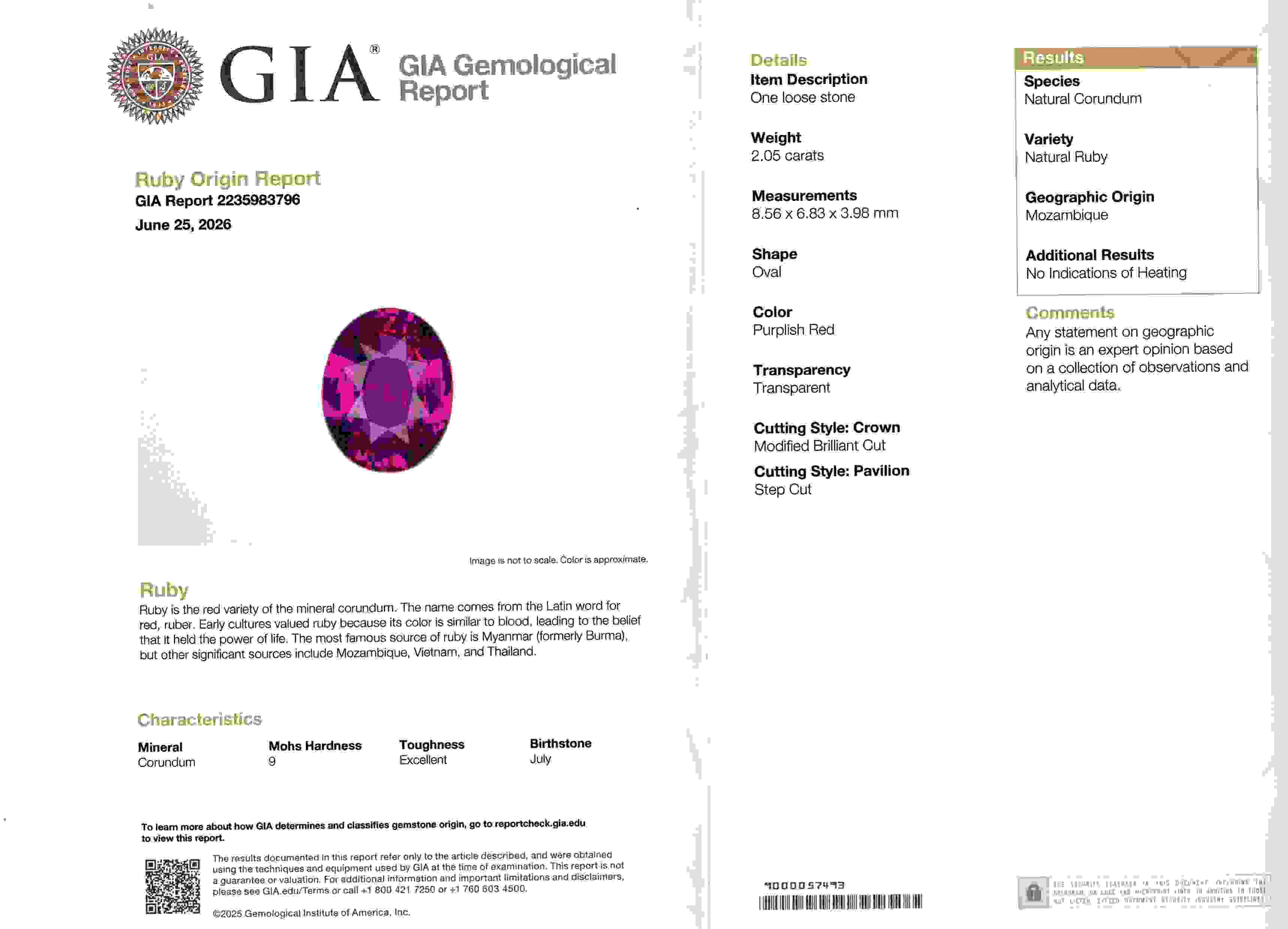2.05 Ct. Purplish Red Ruby from Mozambique