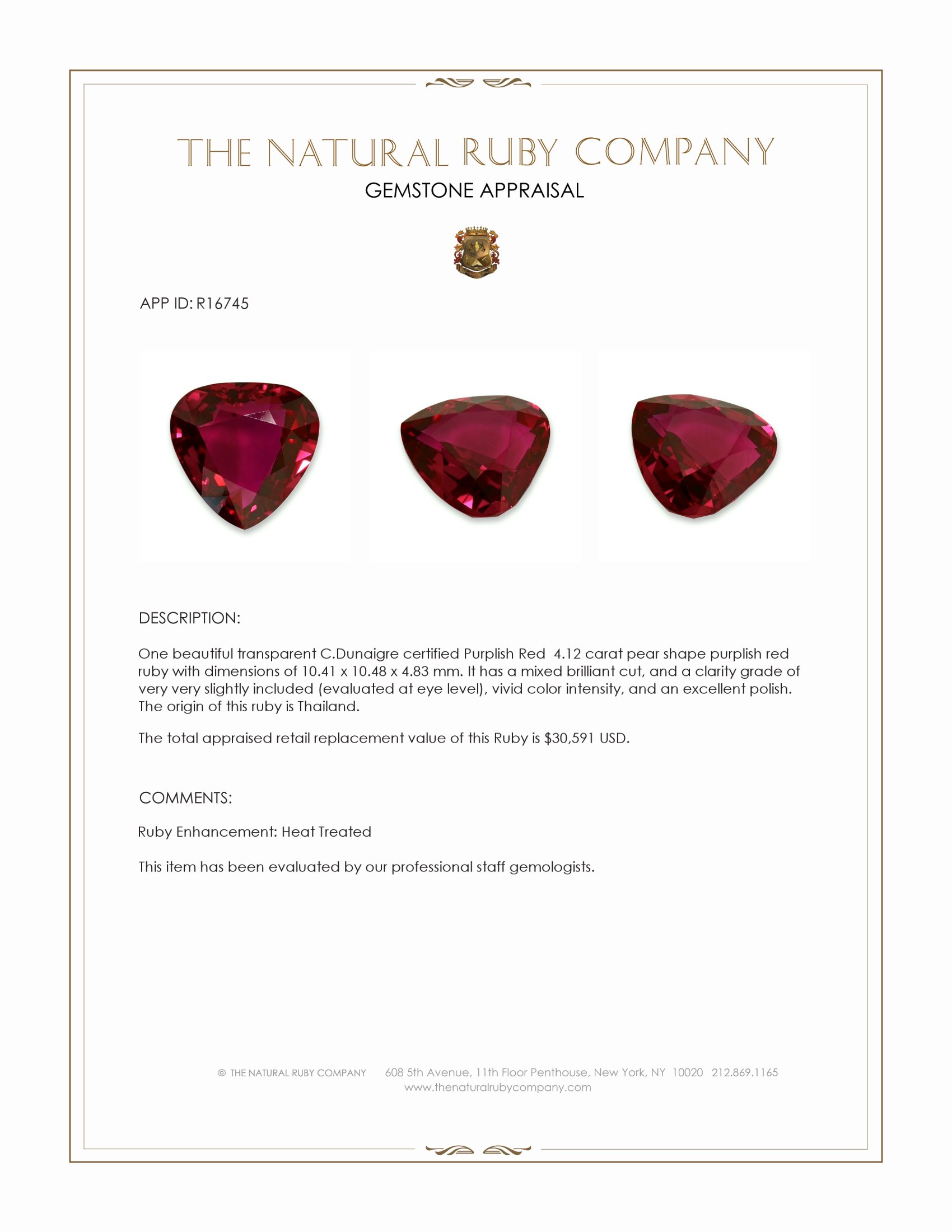 4.12 Ct. Purplish Red Ruby from Thailand
