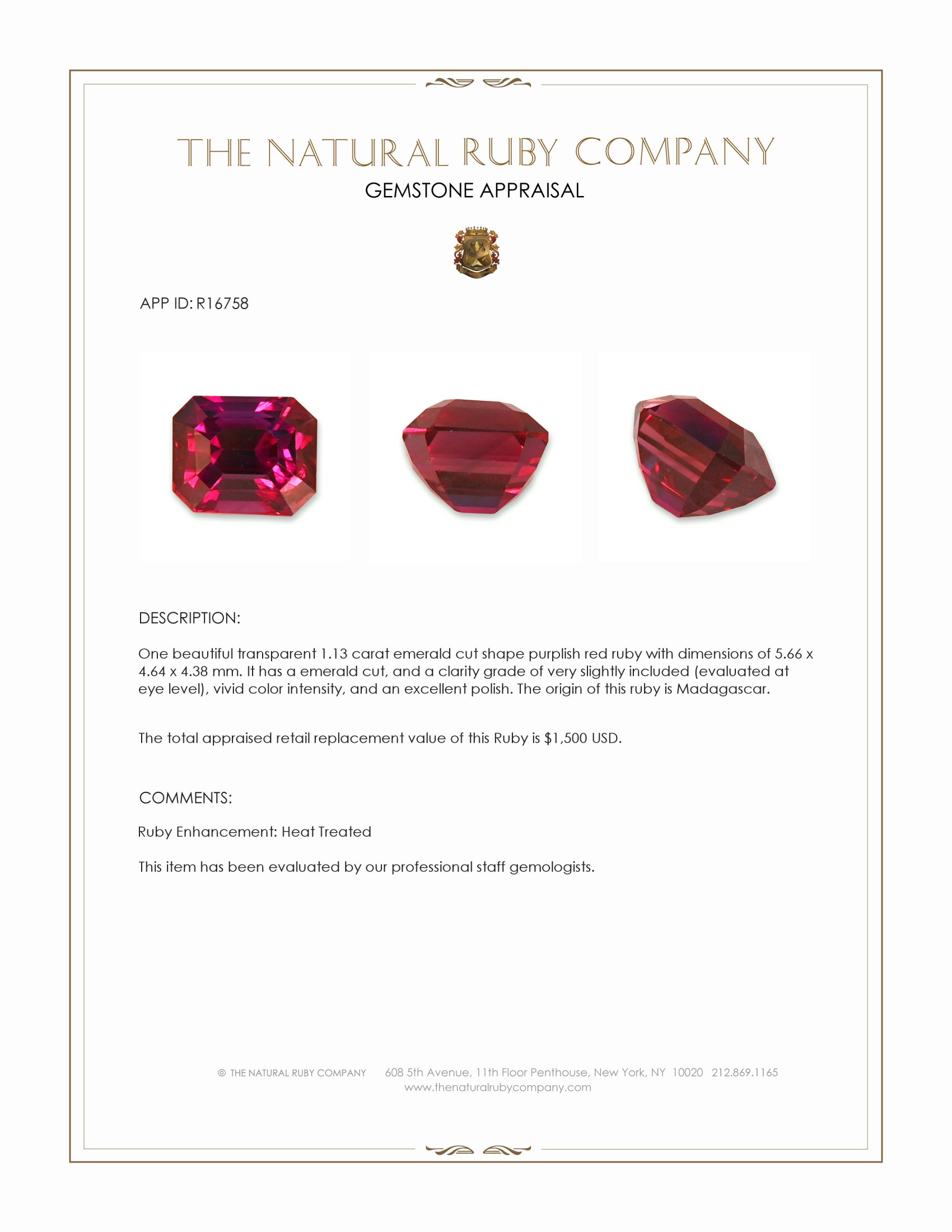 1.13 Ct. Purplish Red Ruby from Madagascar