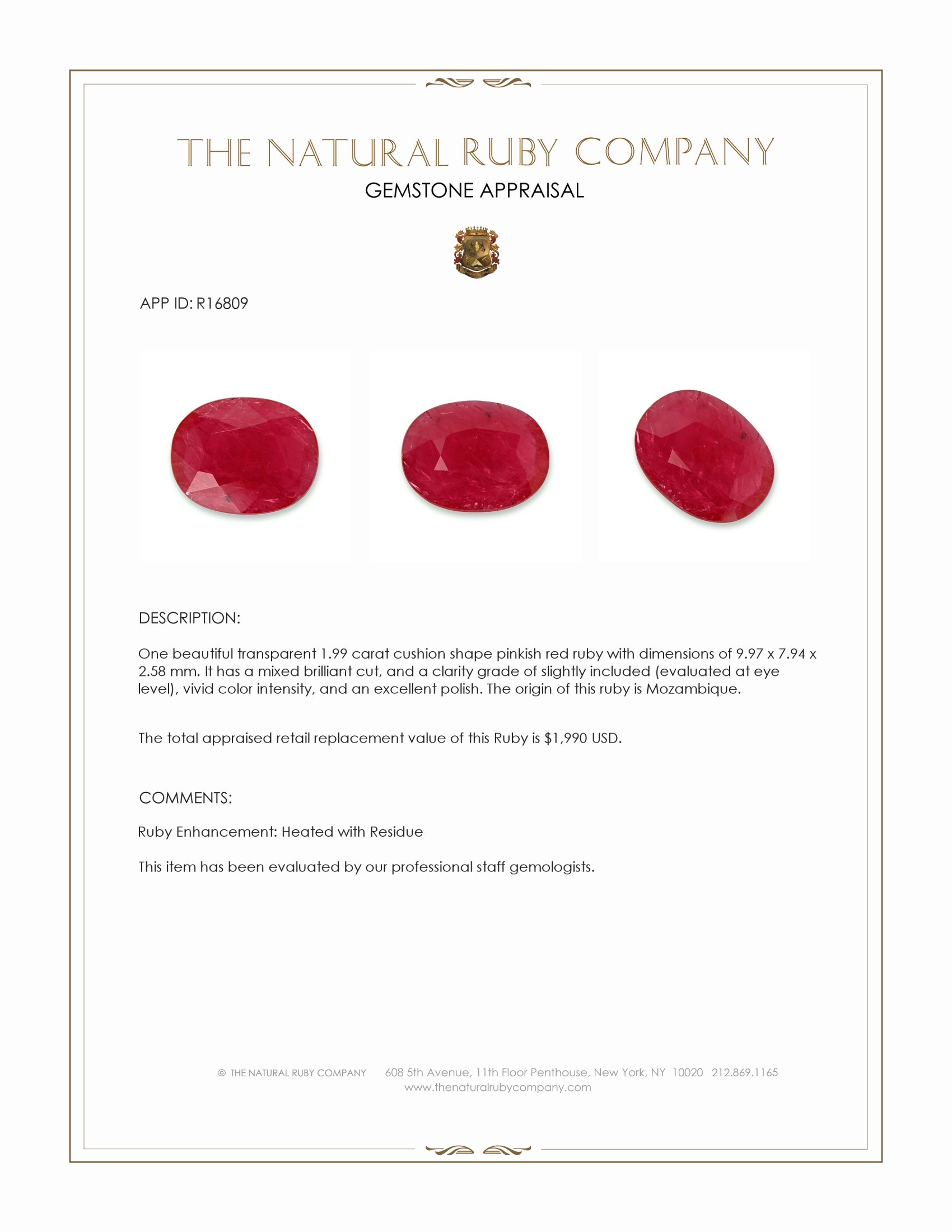 1.99 Ct. Pinkish Red Ruby from Mozambique