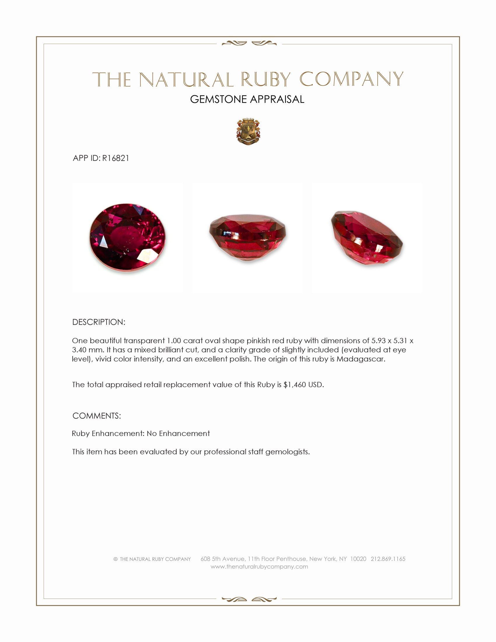 1.00 Ct. Pinkish Red Ruby from Madagascar