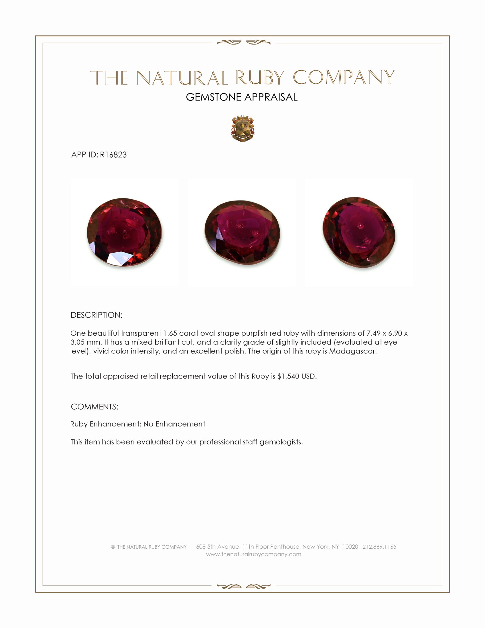 1.65 Ct. Purplish Red Ruby from Madagascar