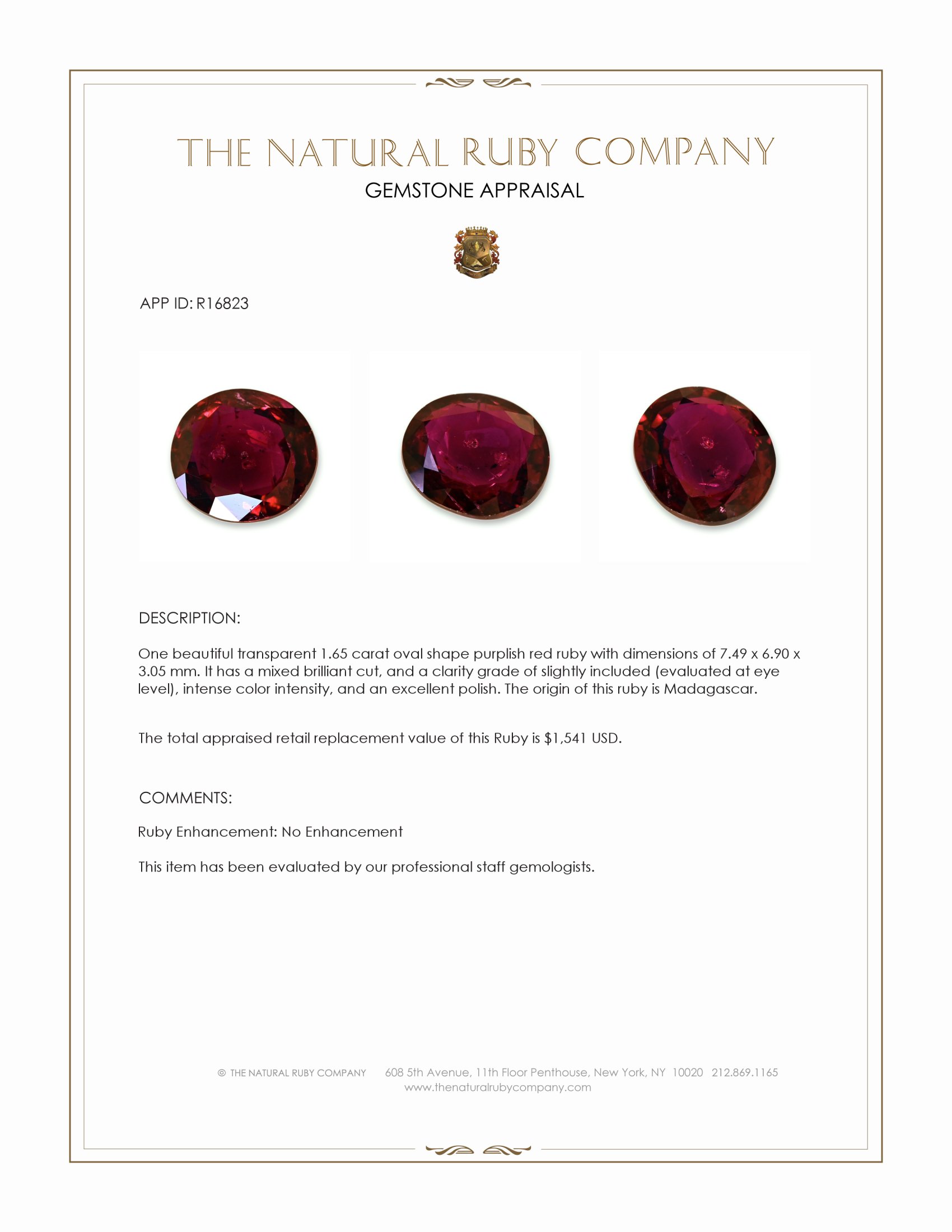 1.65 Ct. Purplish Red Ruby from Madagascar