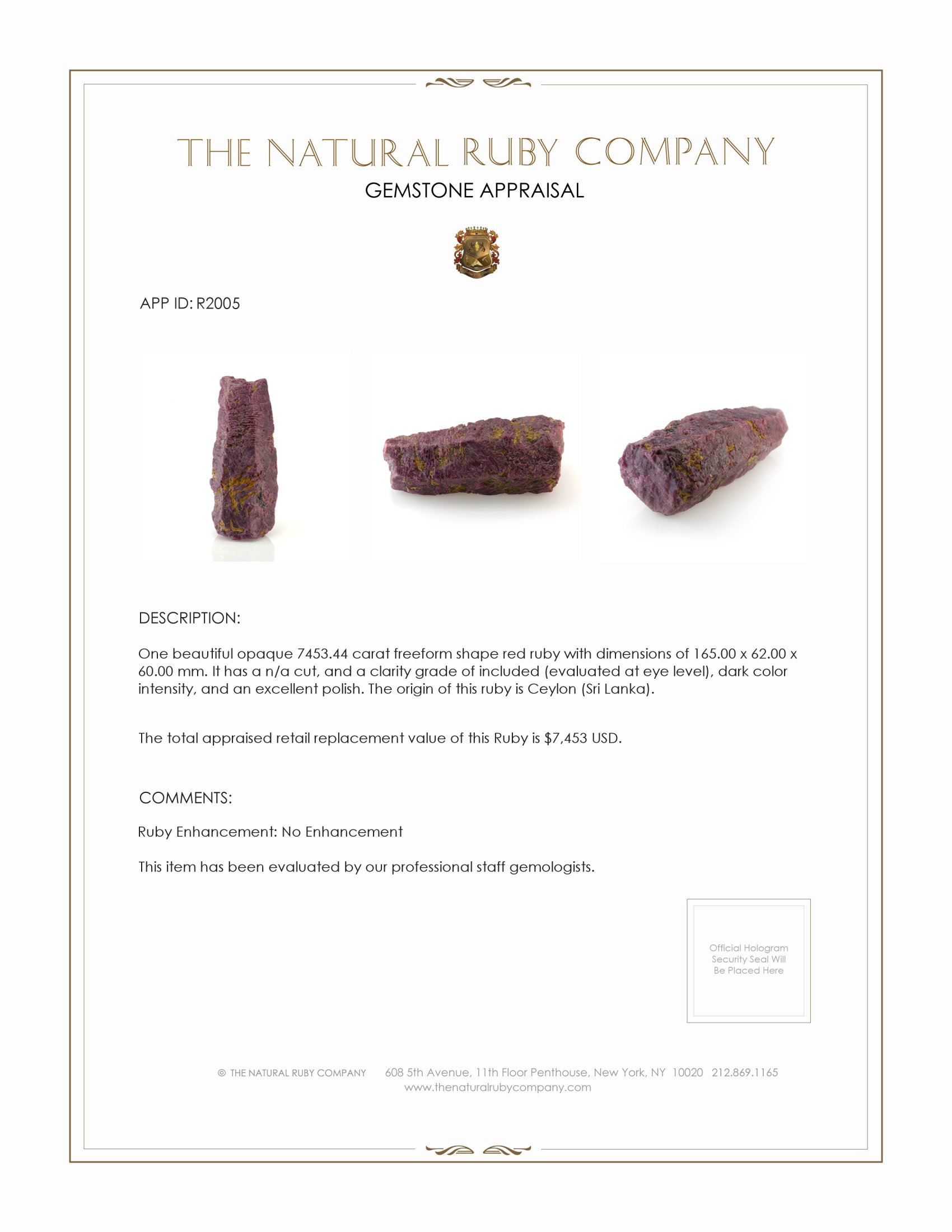 7,453.44 Ct. Ruby Crystal from Ceylon (Sri Lanka)