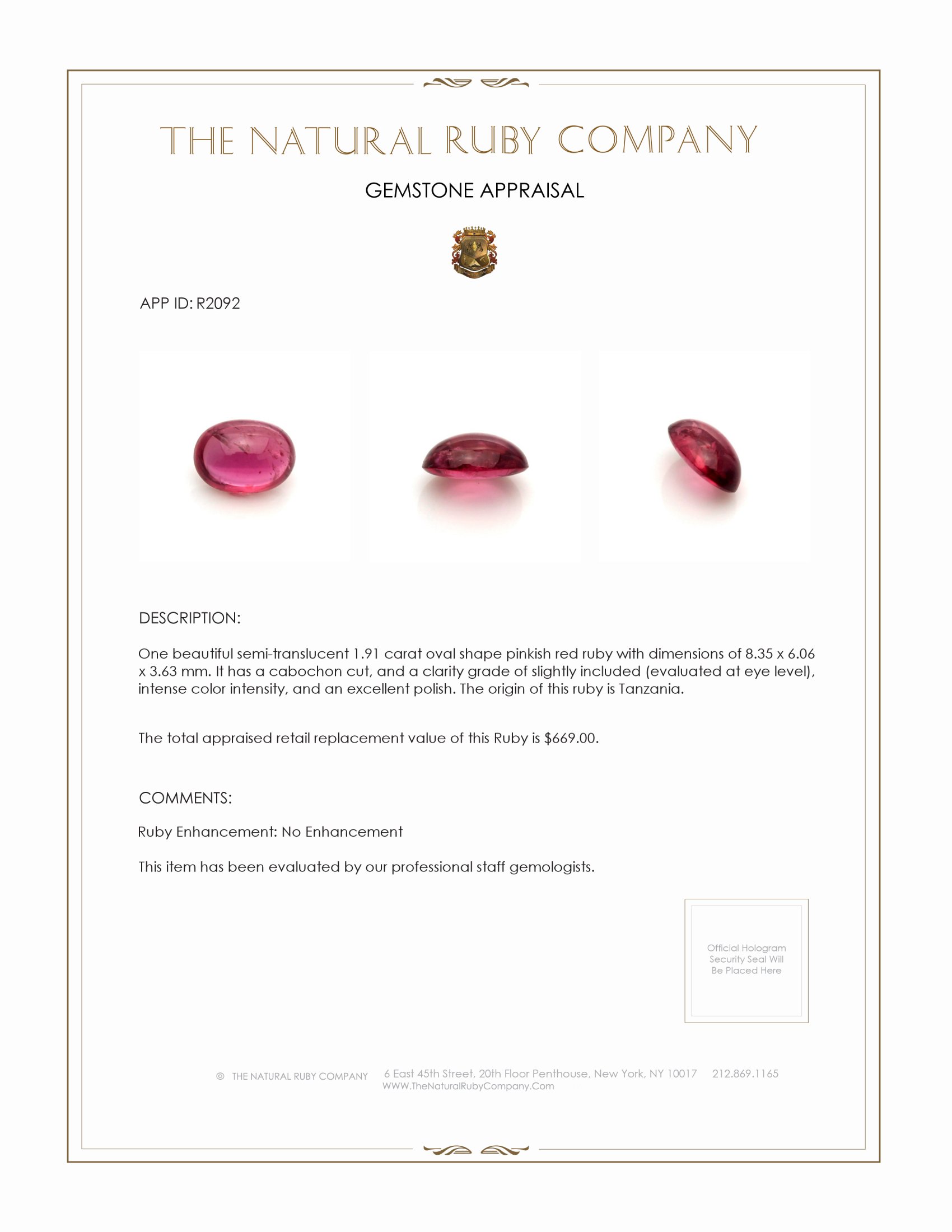 1.91 Ct. Cabochon Ruby from Tanzania