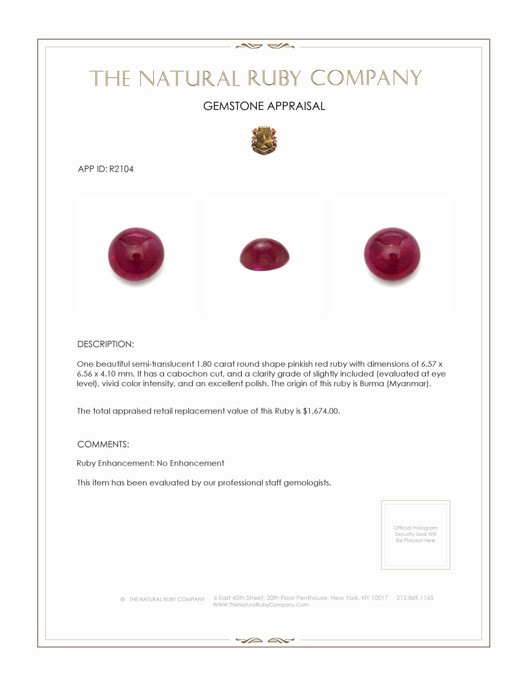 1.80 Ct. Cabochon Ruby from Burma (Myanmar)