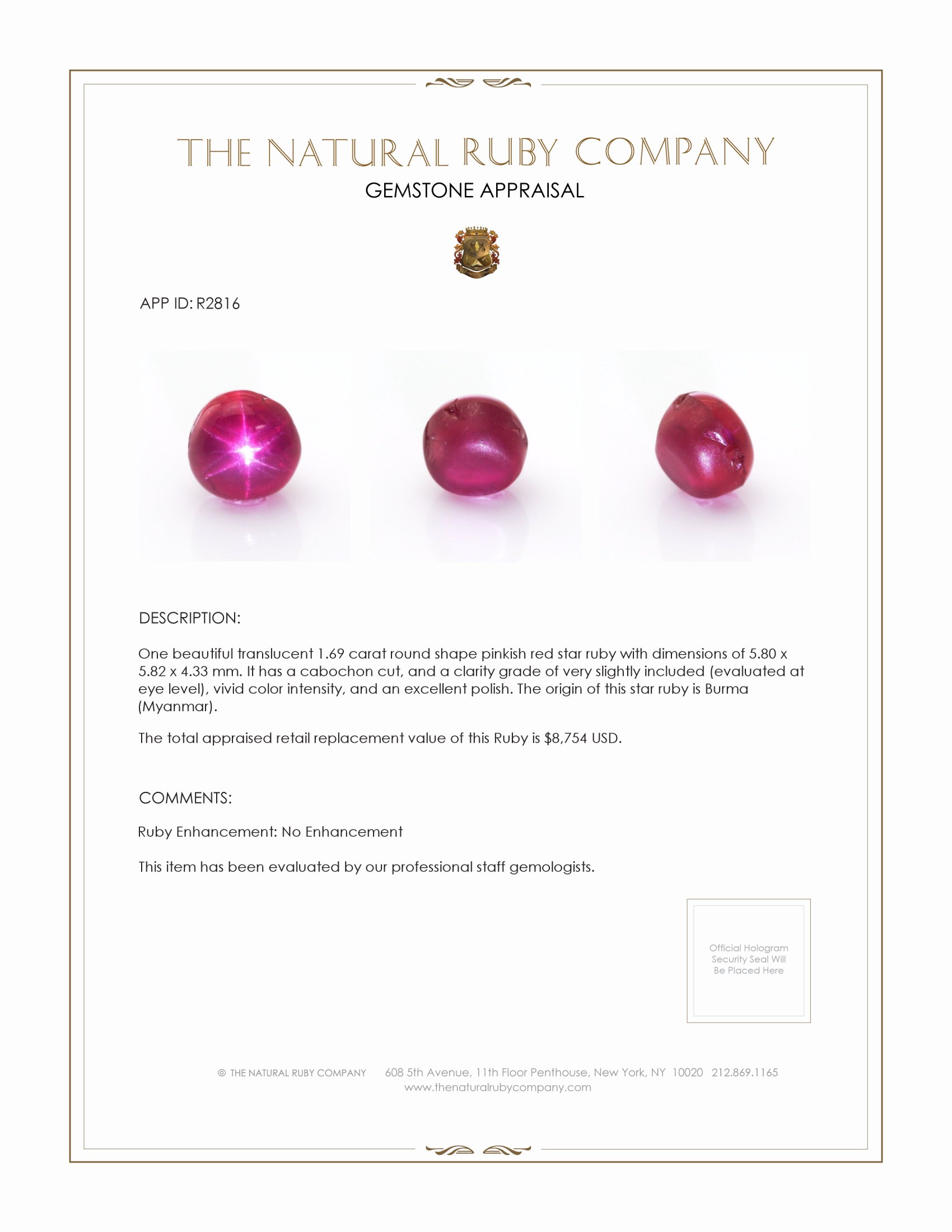 1.69 Ct. Star Ruby from Burma (Myanmar)