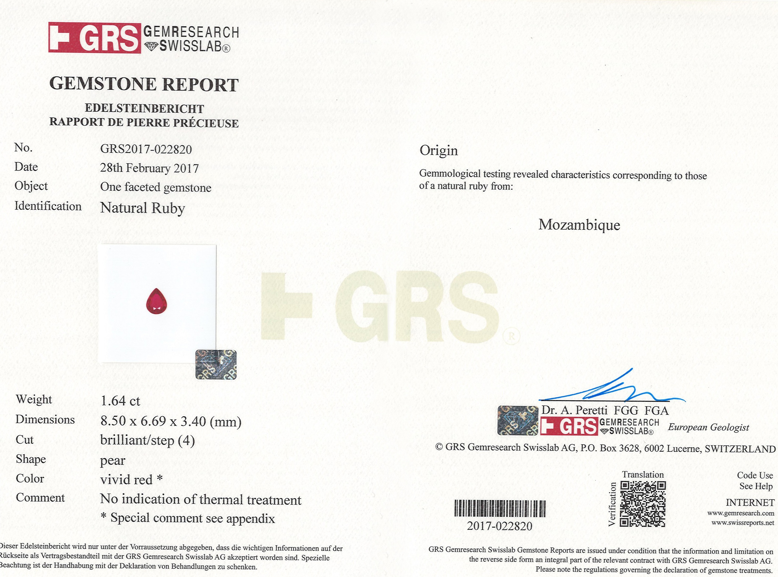 1.64 Ct. Ruby from Mozambique