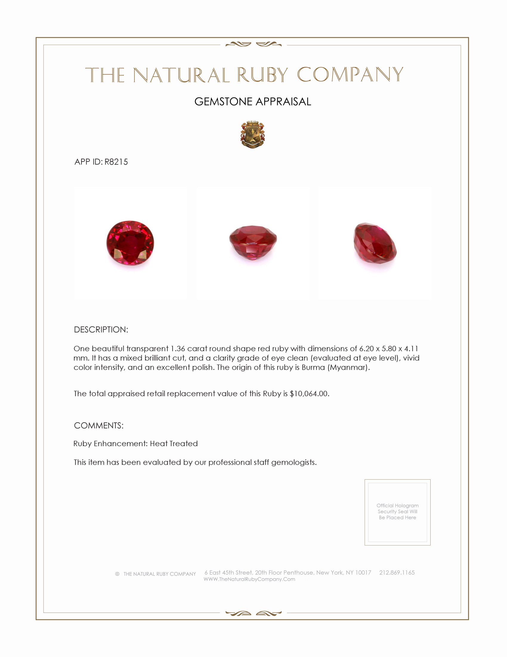 1.36 Ct. Ruby from Burma (Myanmar)