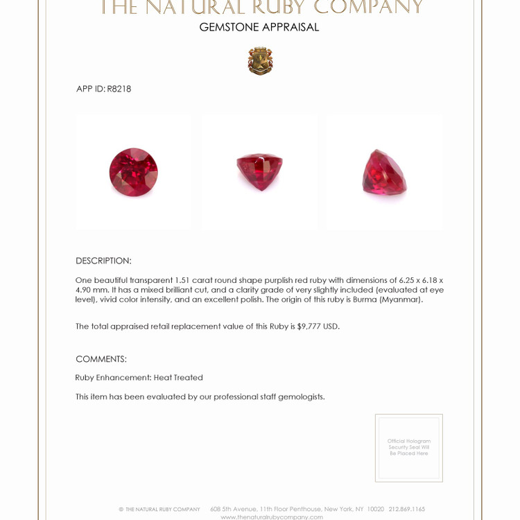 1.51 Ct. Ruby from Burma (Myanmar)