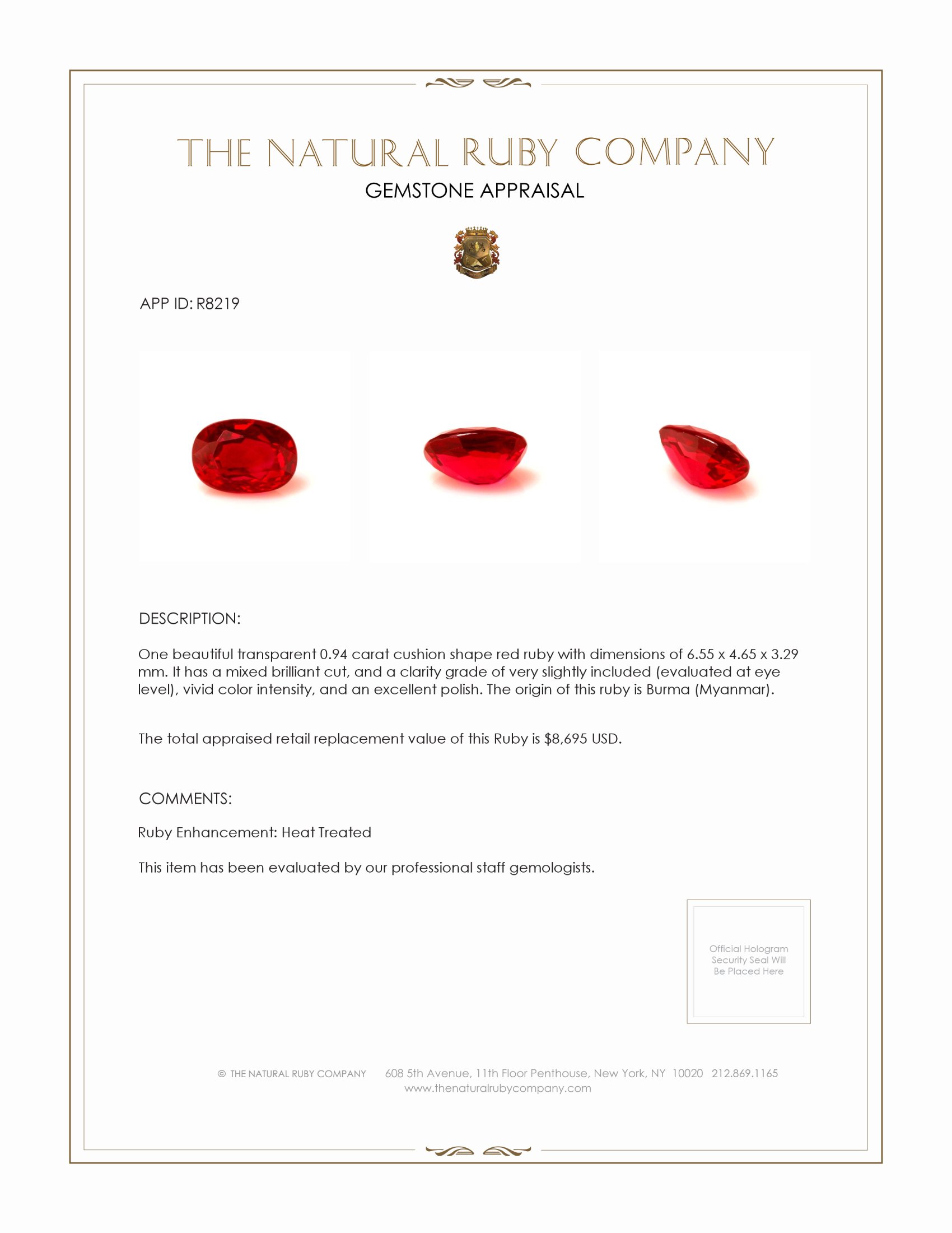 0.94 Ct. Ruby from Burma (Myanmar)