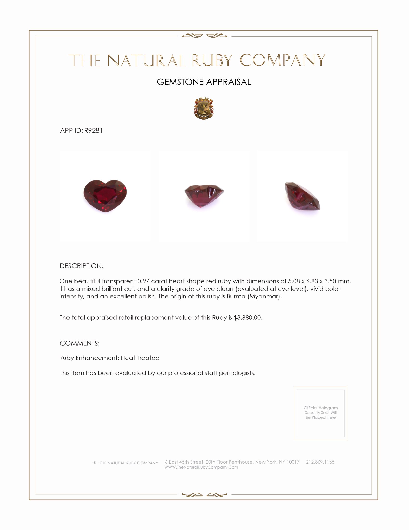 0.97 Ct. Ruby from Burma (Myanmar)