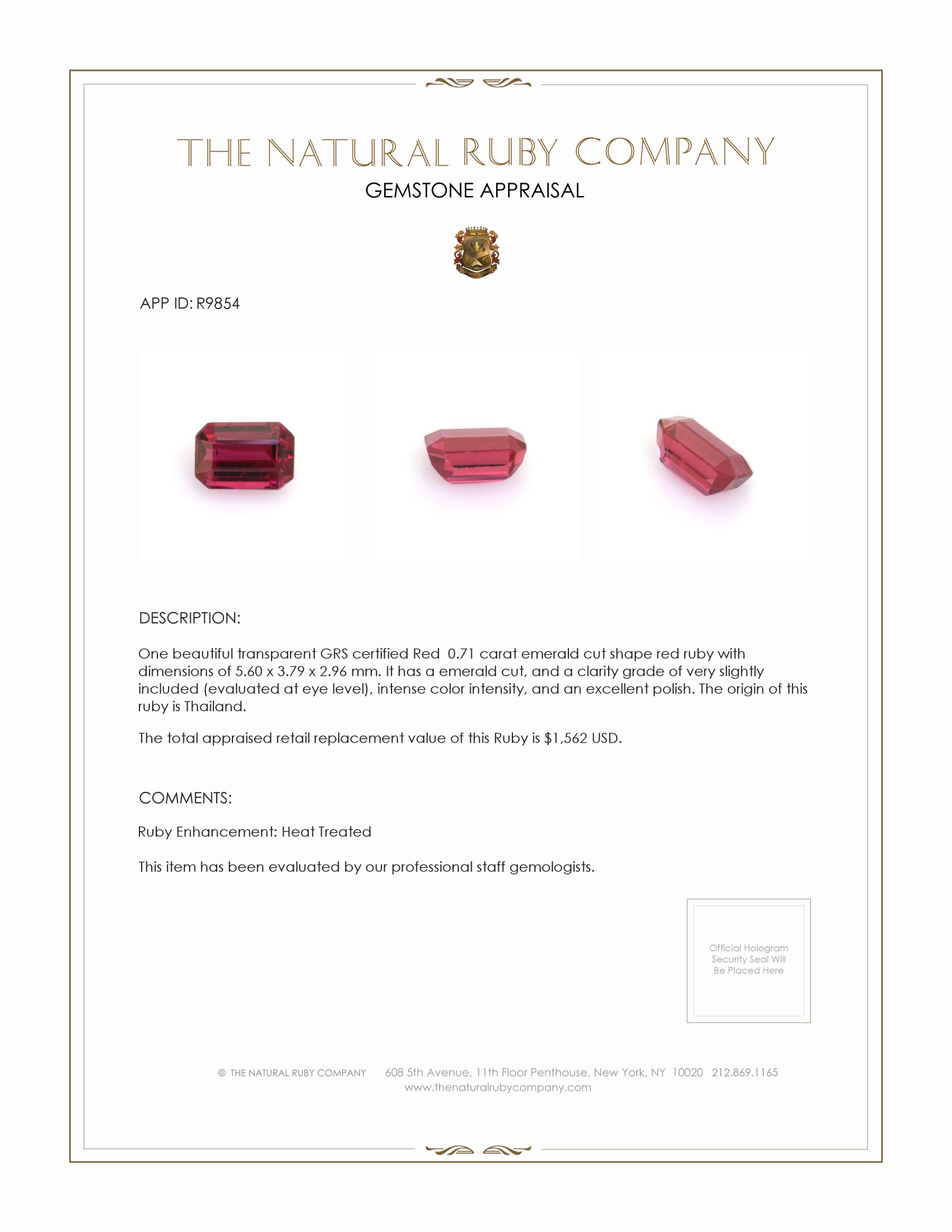 0.71 Ct. Ruby from Thailand