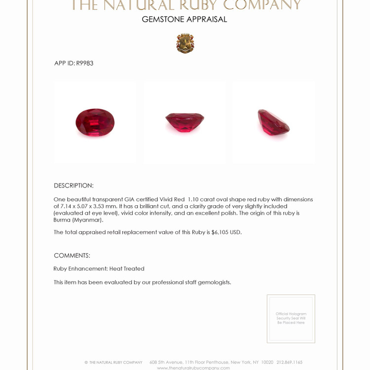 1.10 Ct. Ruby from Burma (Myanmar)