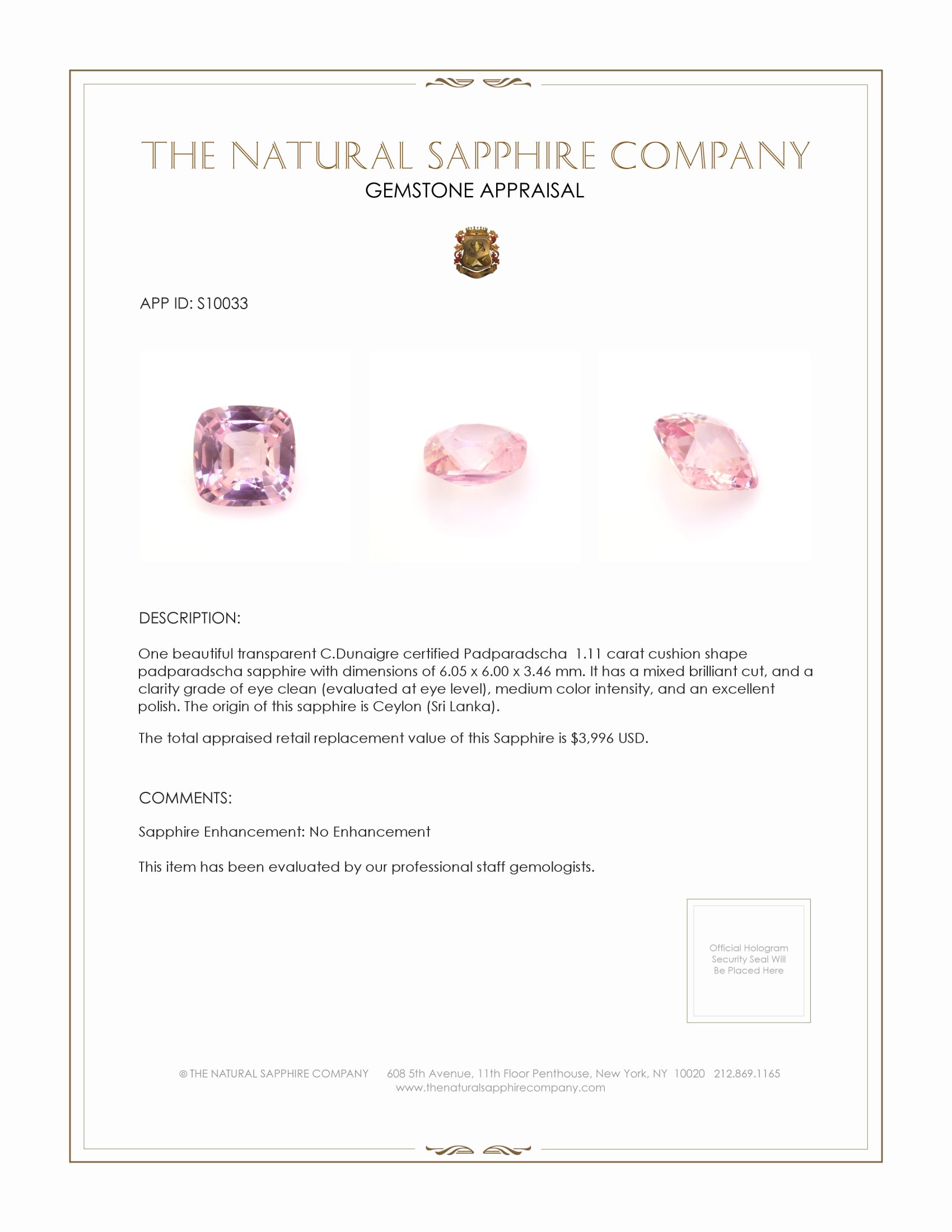 1.11 Ct. Padparadscha Sapphire from Ceylon (Sri Lanka)