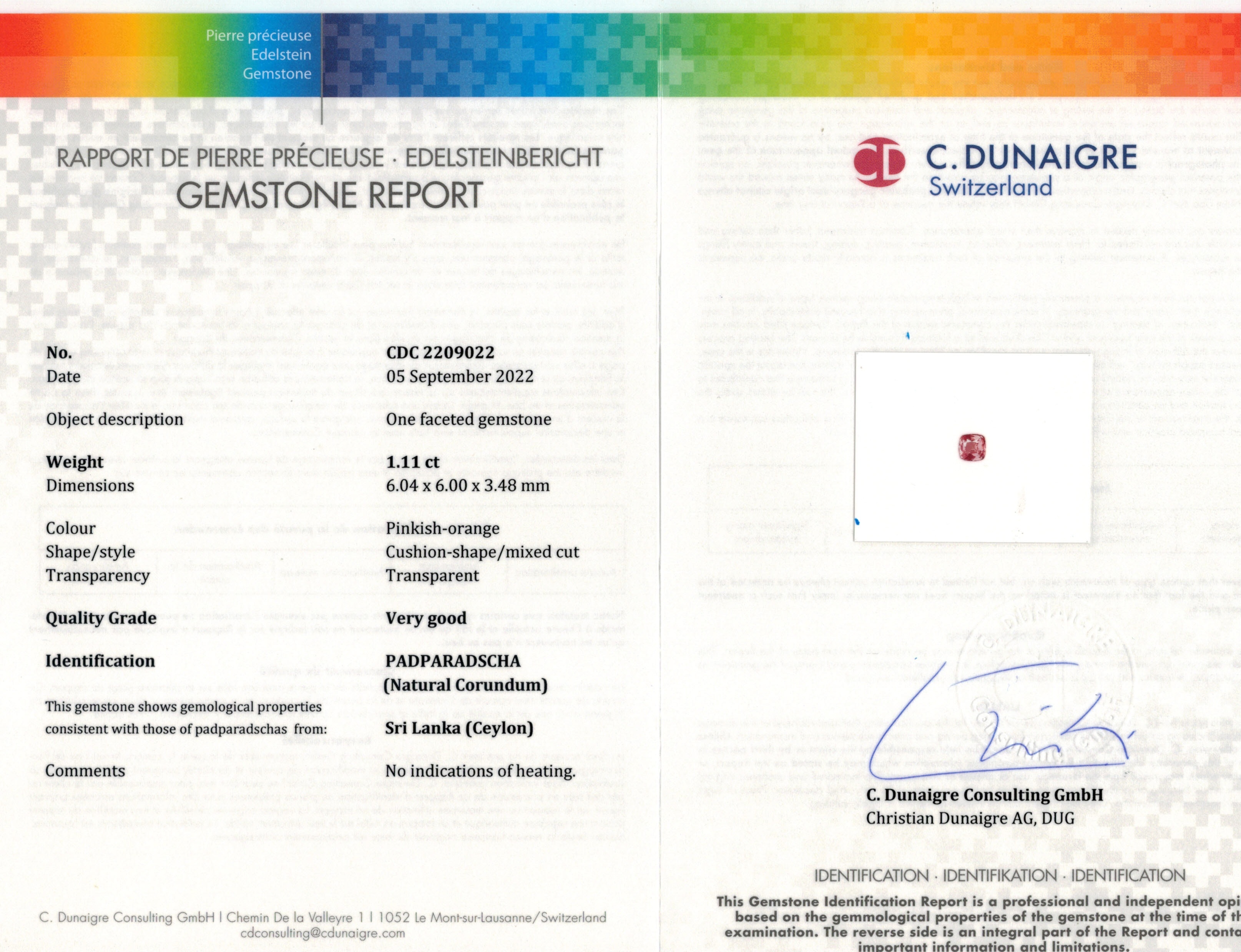 1.11 Ct. Padparadscha Sapphire from Ceylon (Sri Lanka)