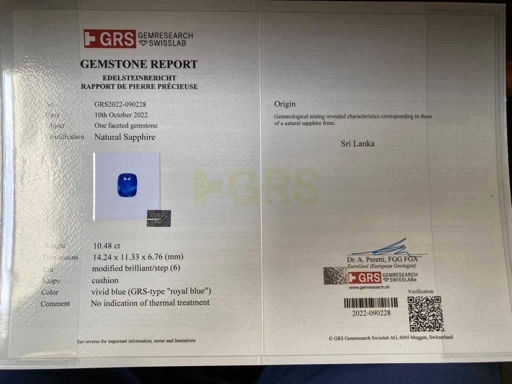 10.48 Ct. Blue Sapphire from Ceylon (Sri Lanka)