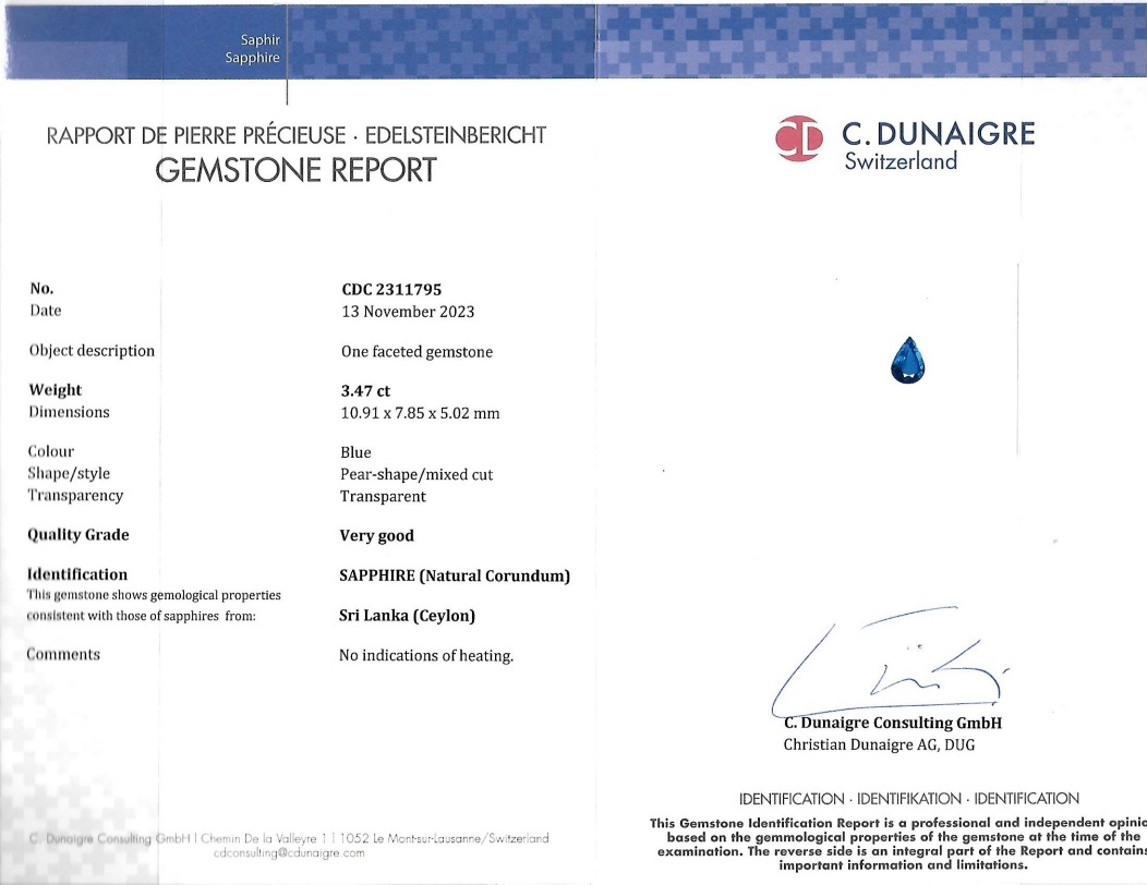 3.47 Ct. Blue Sapphire from Ceylon (Sri Lanka)