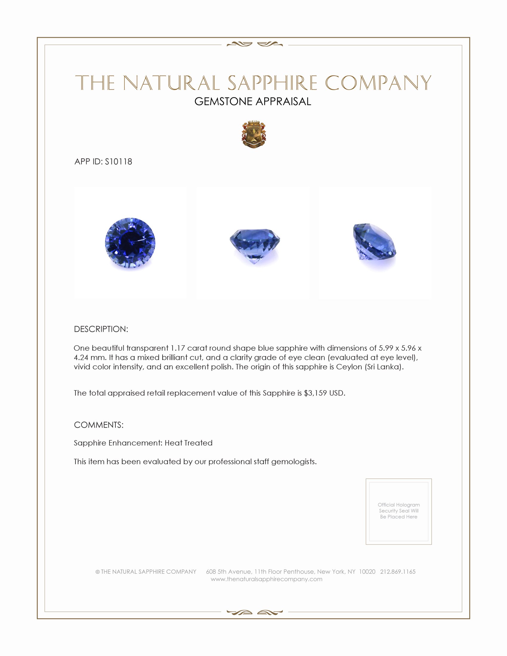 1.17 Ct. Blue Sapphire from Ceylon (Sri Lanka)