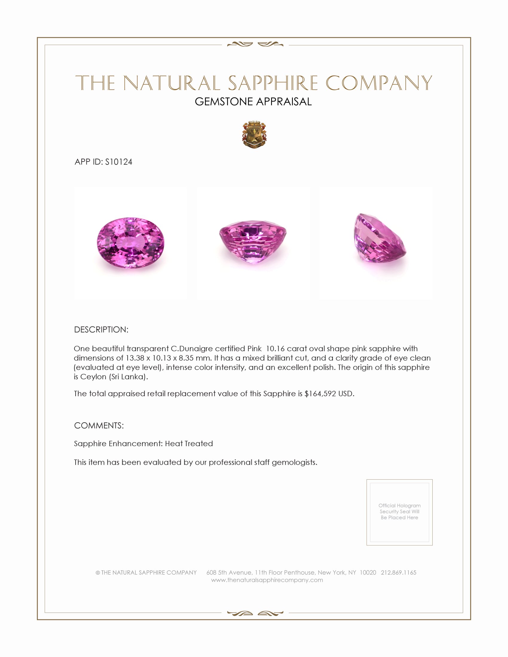10.16 Ct. Pink Sapphire from Ceylon (Sri Lanka)