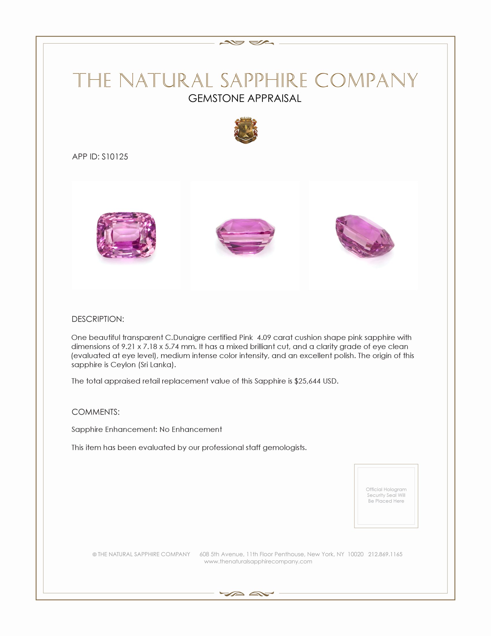 4.09 Ct. Pink Sapphire from Ceylon (Sri Lanka)