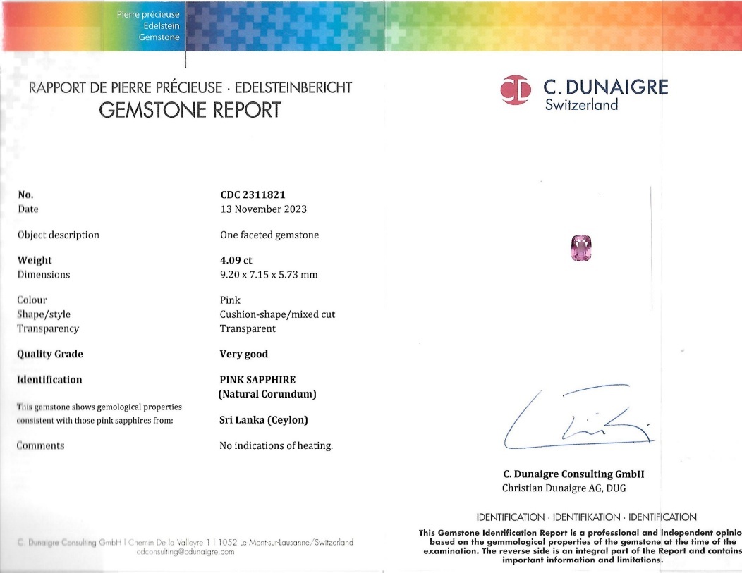 4.09 Ct. Pink Sapphire from Ceylon (Sri Lanka)