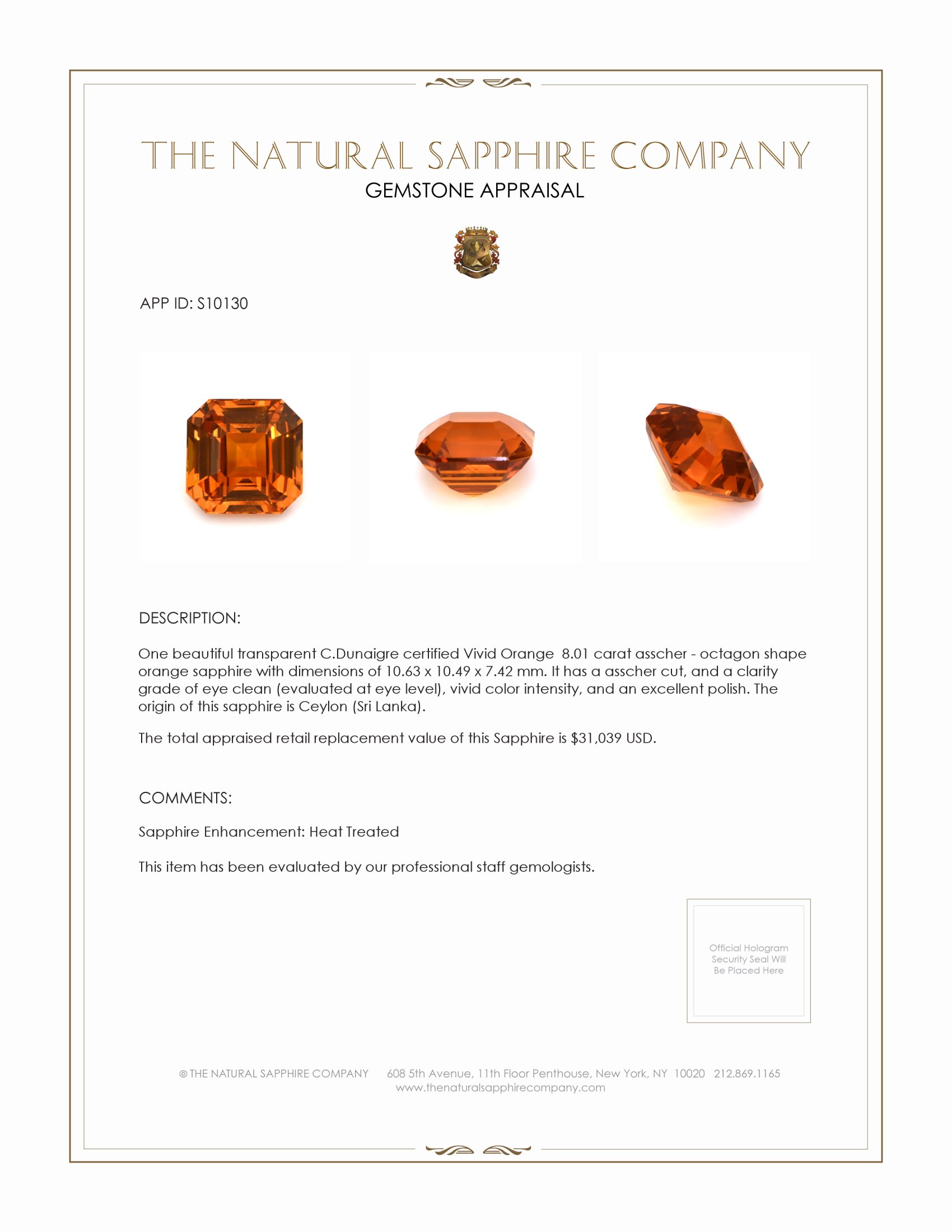 8.01 Ct. Orange Sapphire from Ceylon (Sri Lanka)