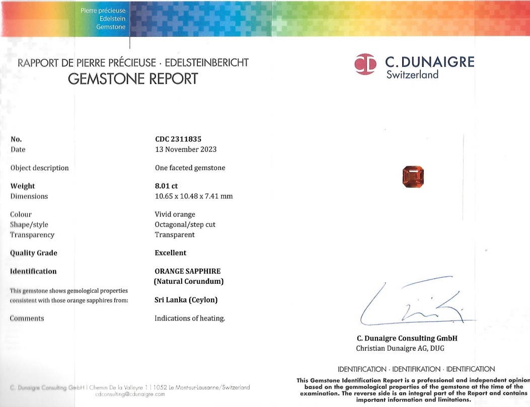 8.01 Ct. Orange Sapphire from Ceylon (Sri Lanka)