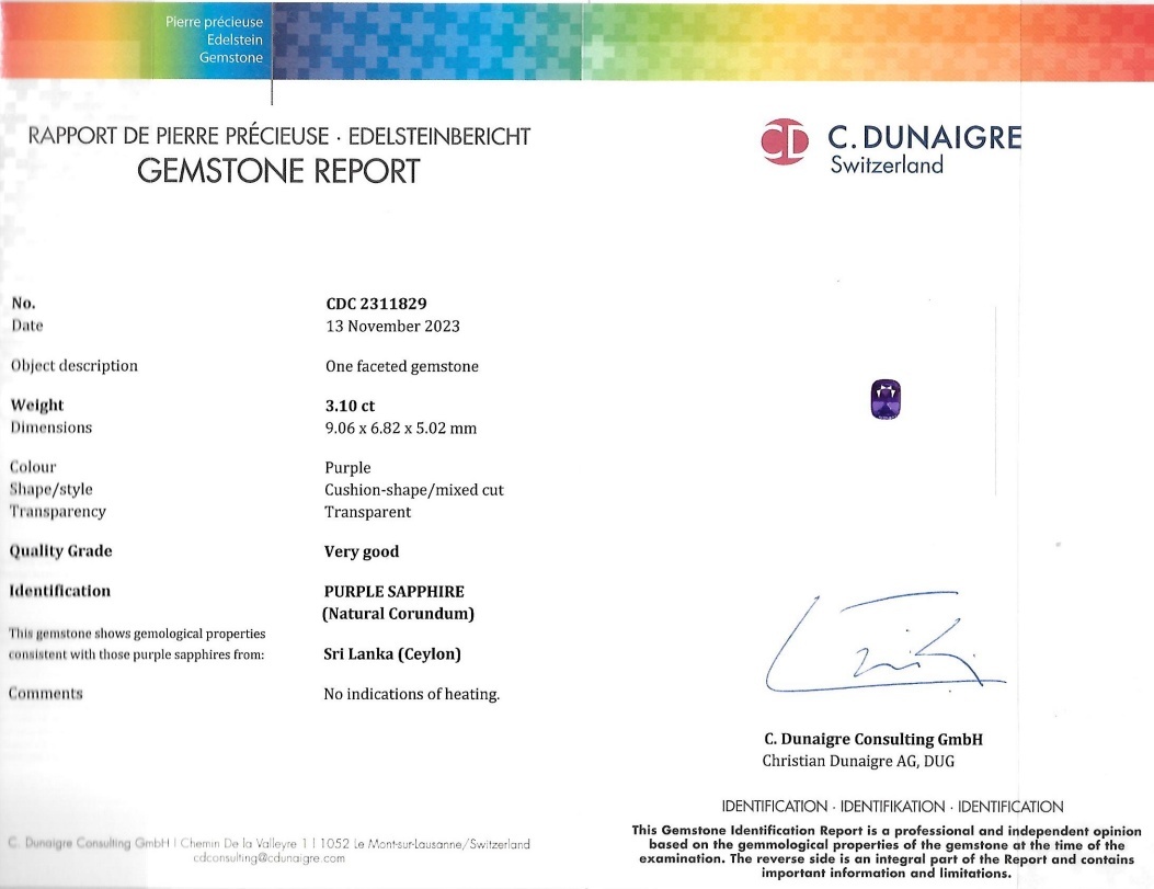 3.10 Ct. Purple Sapphire from Ceylon (Sri Lanka)