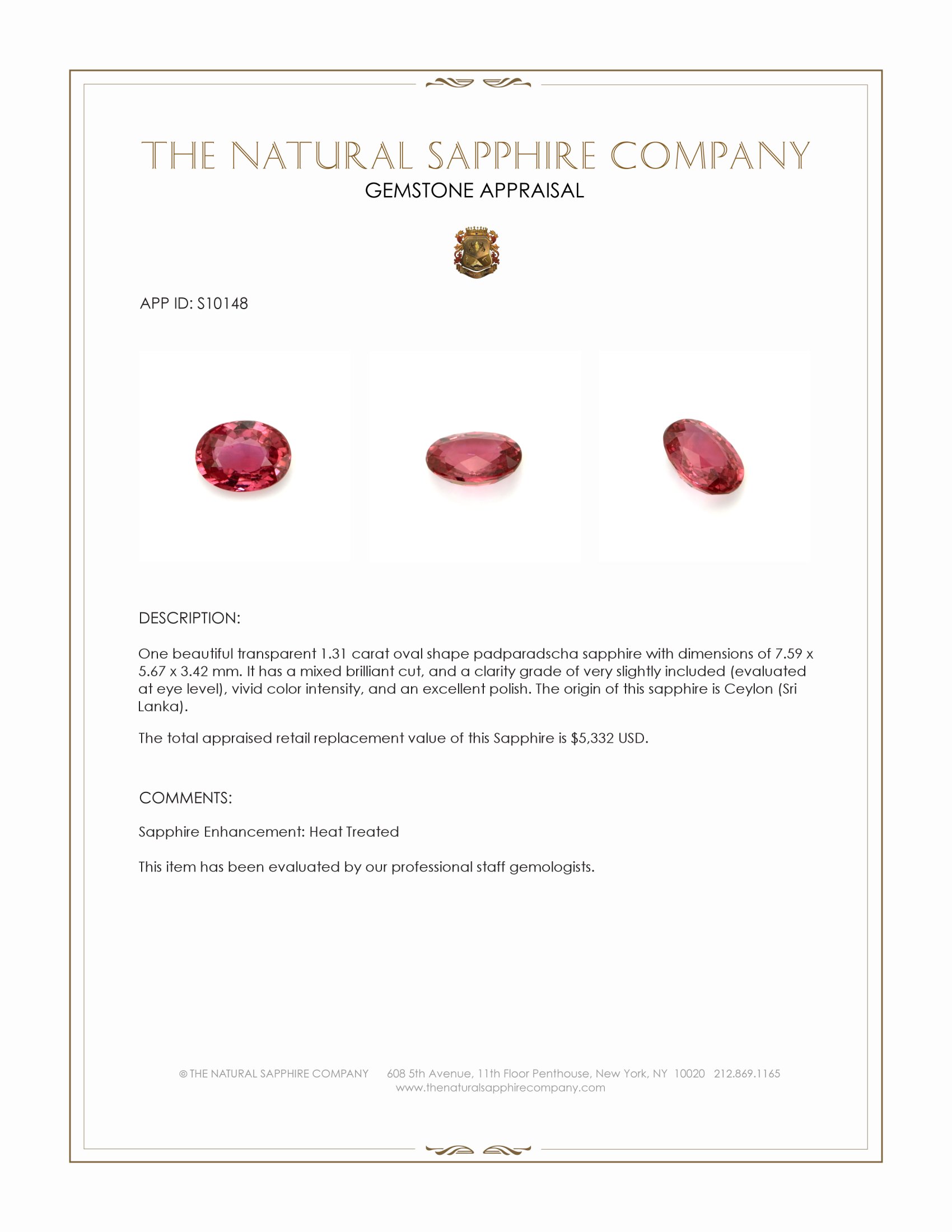 1.31 Ct. Padparadscha Sapphire from Ceylon (Sri Lanka)