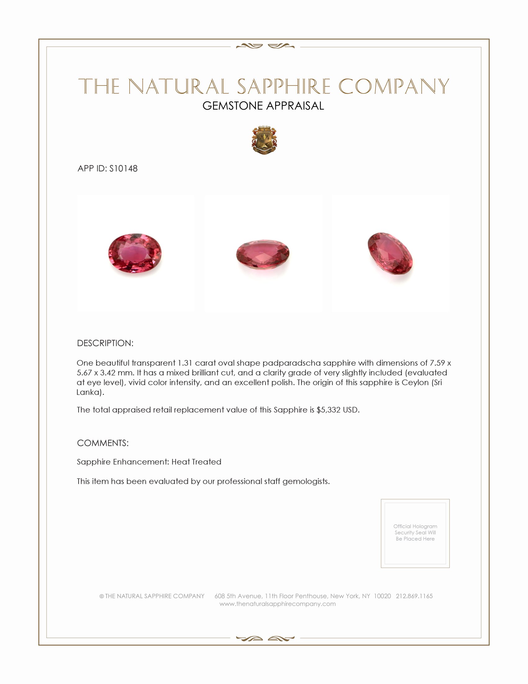 1.31 Ct. Padparadscha Sapphire from Ceylon (Sri Lanka)