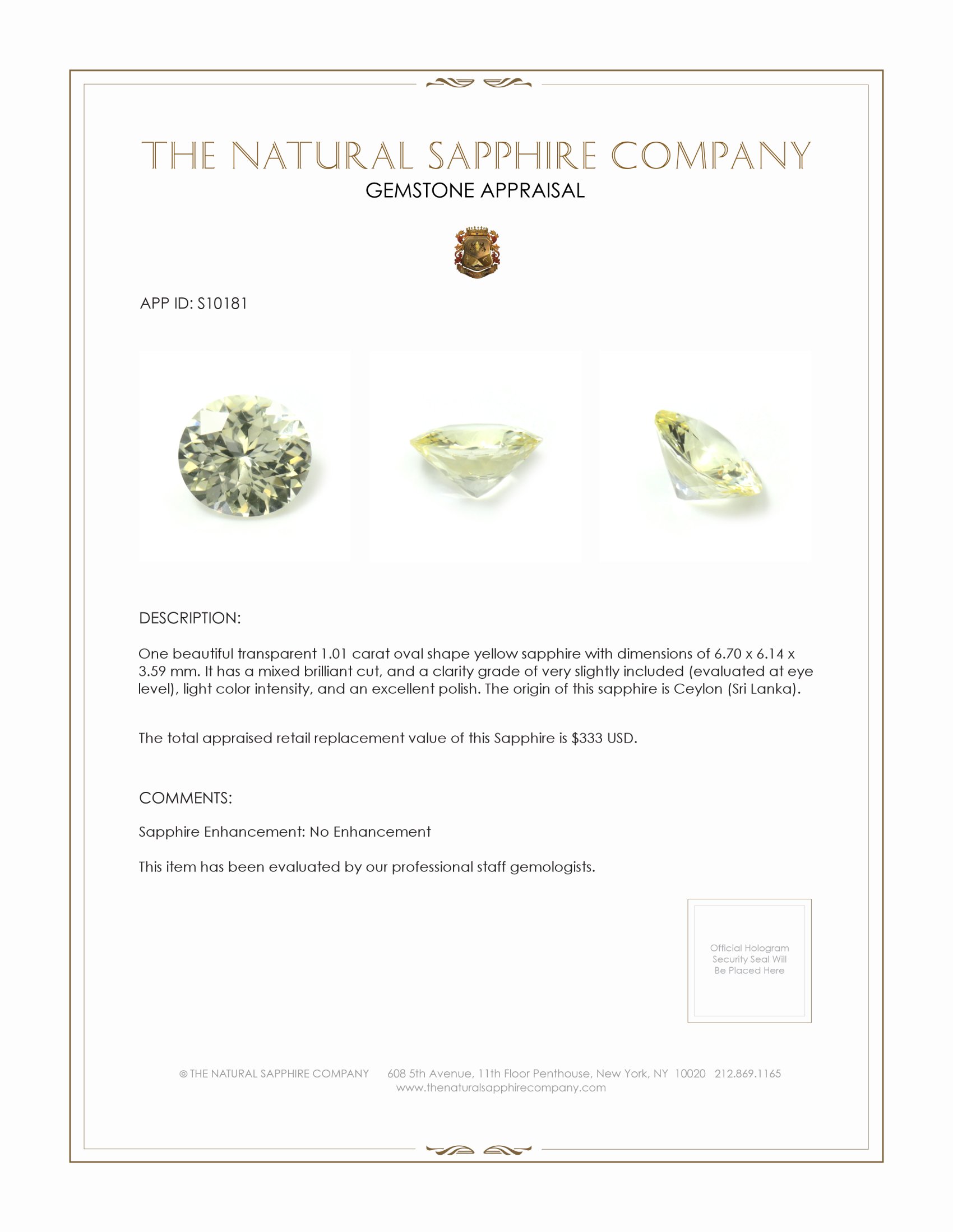 1.01 Ct. Yellow Sapphire from Ceylon (Sri Lanka)