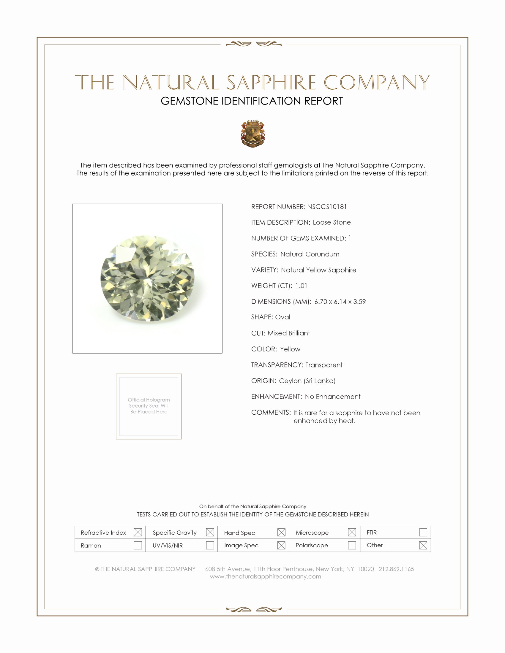 1.01 Ct. Yellow Sapphire from Ceylon (Sri Lanka)