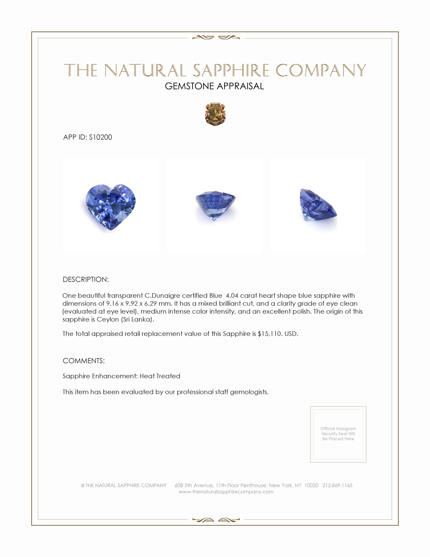 4.04 Ct. Blue Sapphire from Ceylon (Sri Lanka)