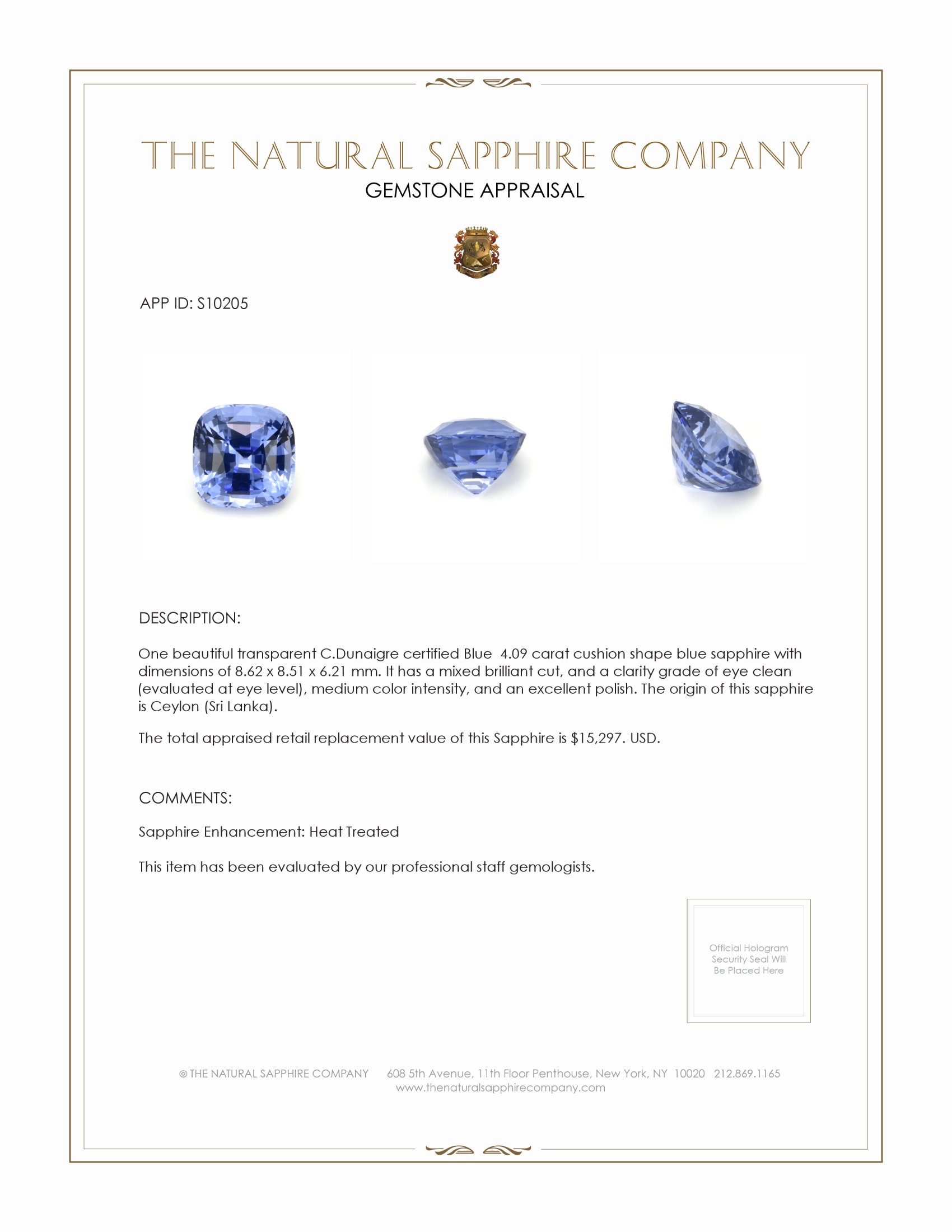 4.09 Ct. Blue Sapphire from Ceylon (Sri Lanka)