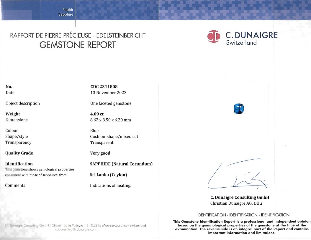 4.09 Ct. Blue Sapphire from Ceylon (Sri Lanka)