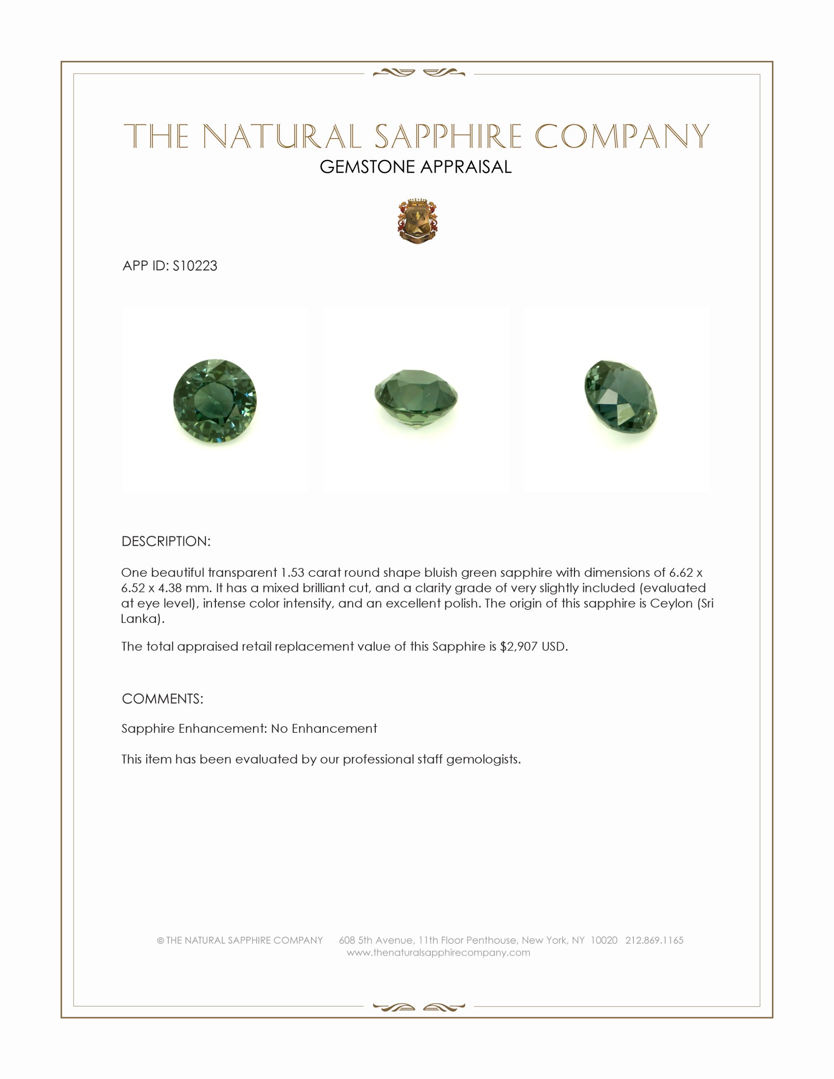 1.53 Ct. Bluish Green Sapphire from Ceylon (Sri Lanka)