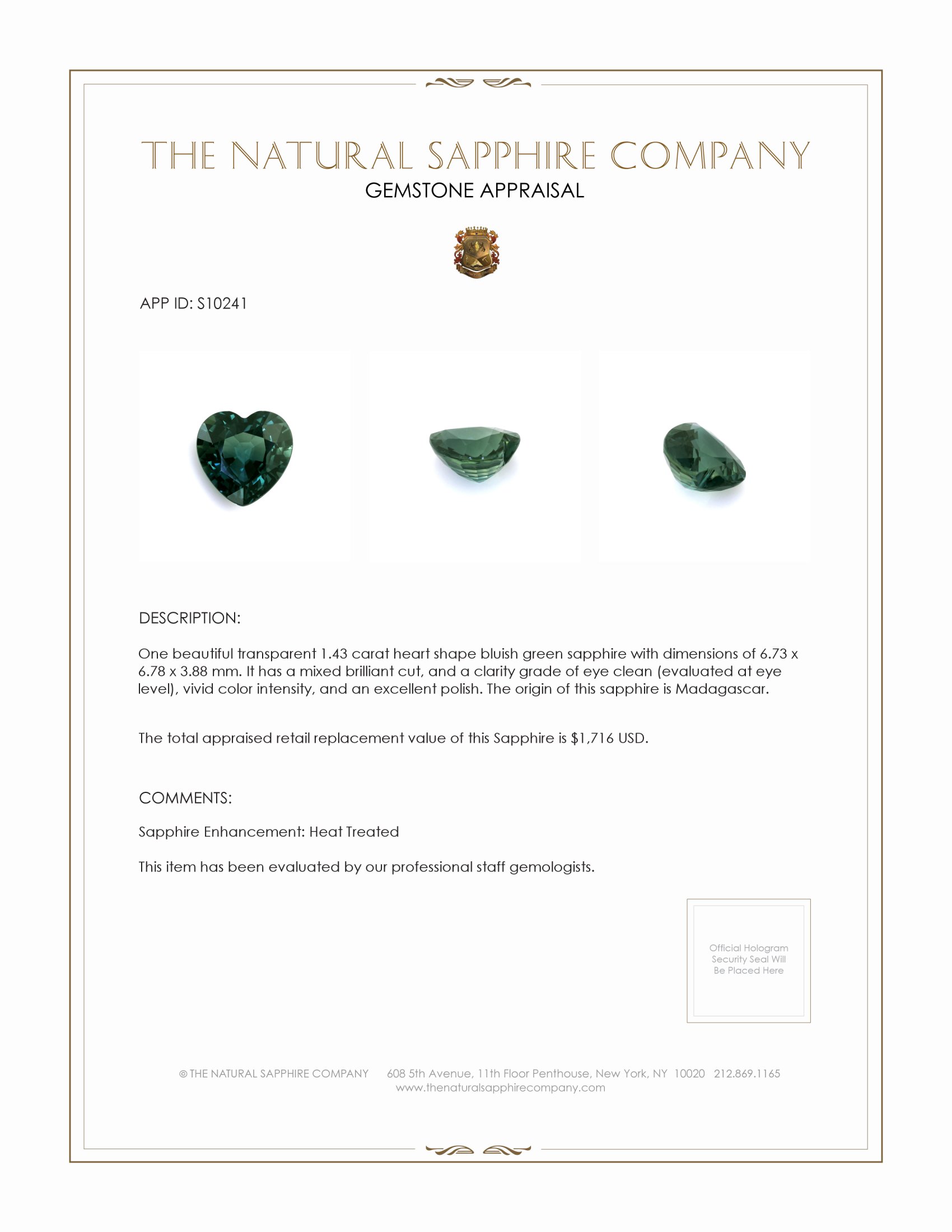 1.43 Ct. Bluish Green Sapphire from Madagascar