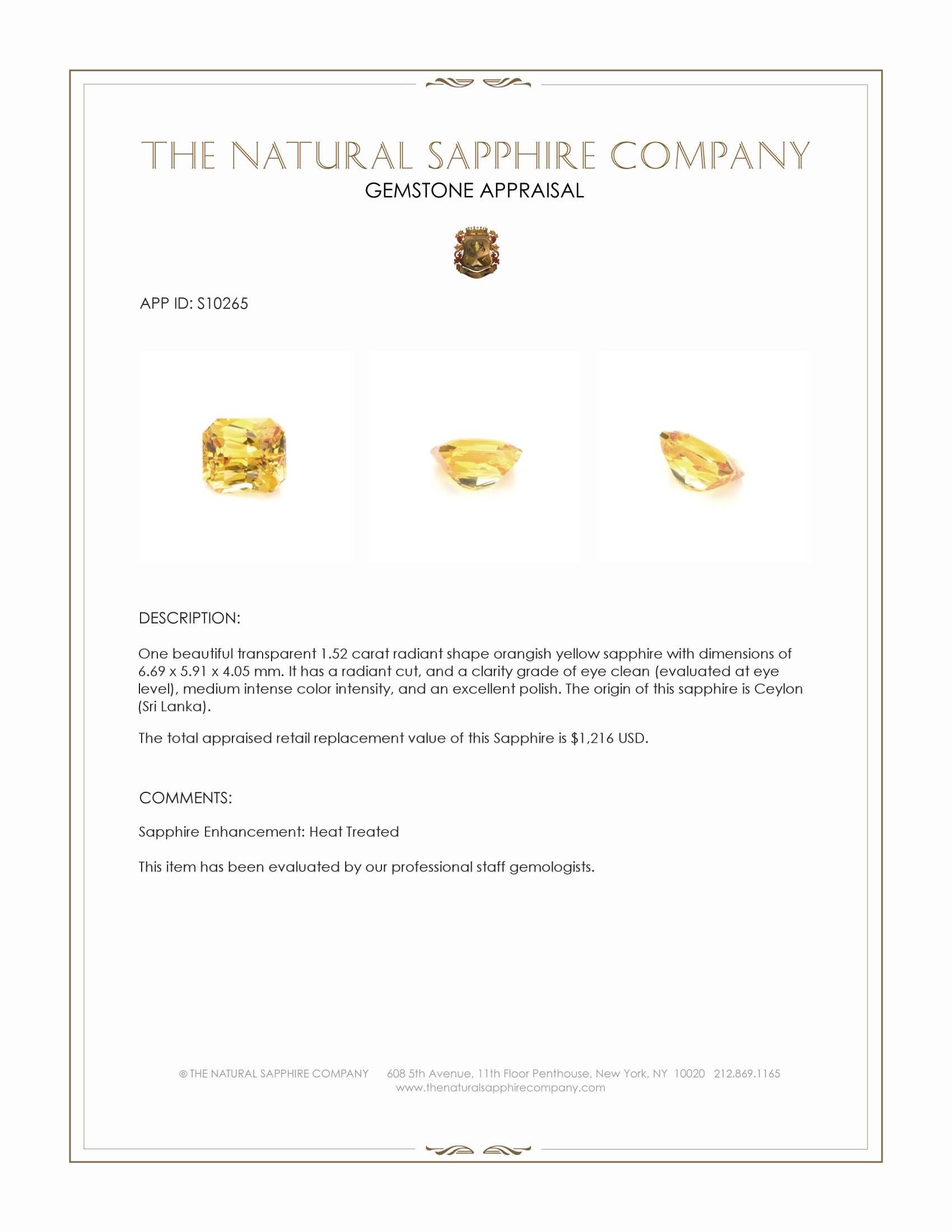 1.52 Ct. Orangish Yellow Sapphire from Ceylon (Sri Lanka)