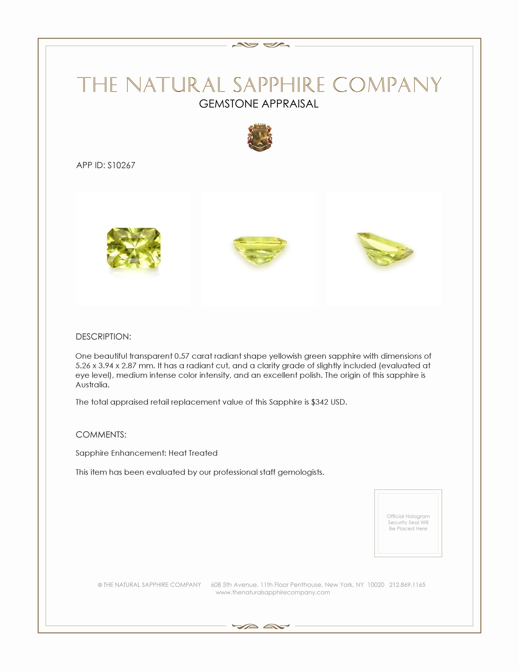 0.57 Ct. Greenish Yellow Sapphire from Australia