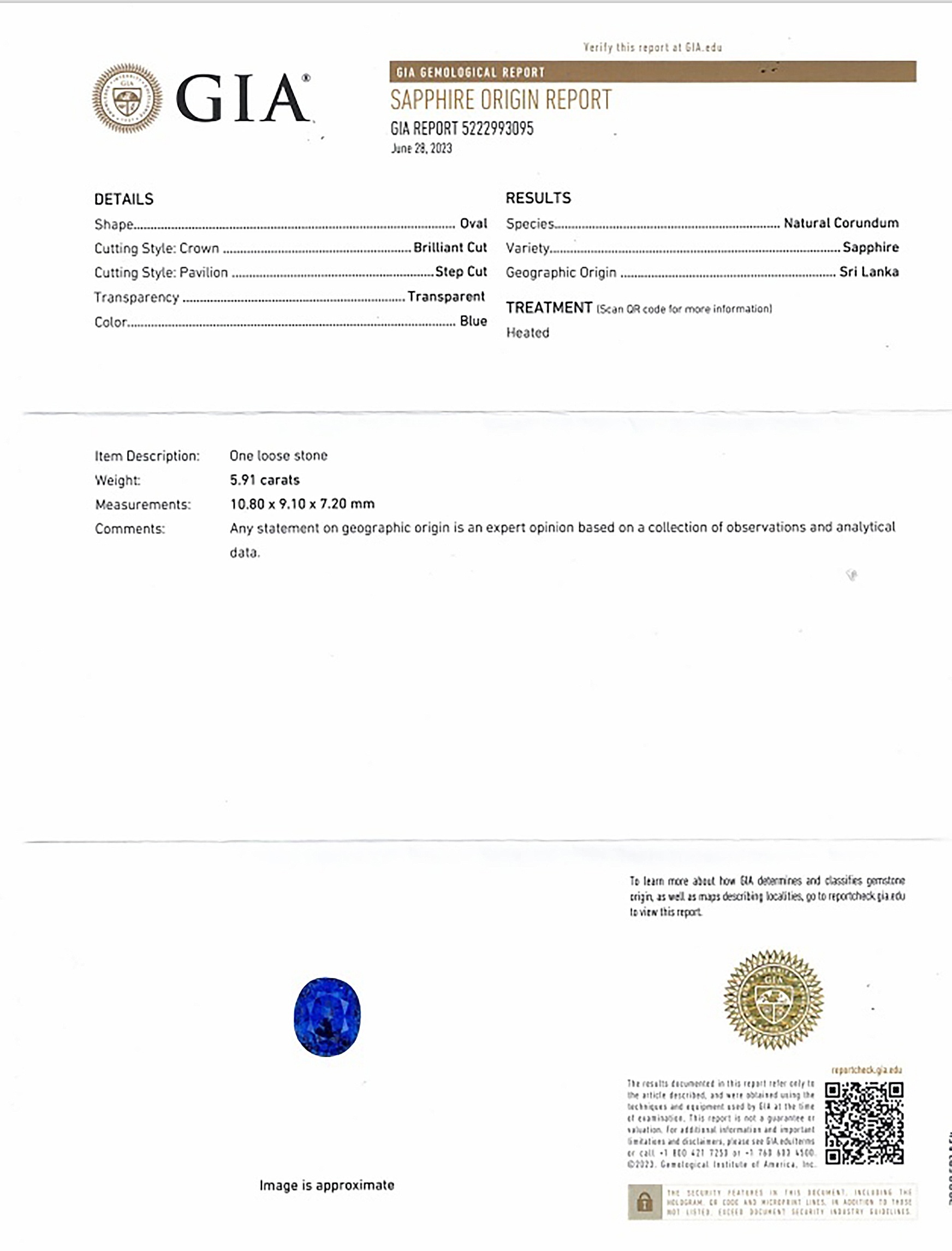 5.91 Ct. Blue Sapphire from Ceylon (Sri Lanka)