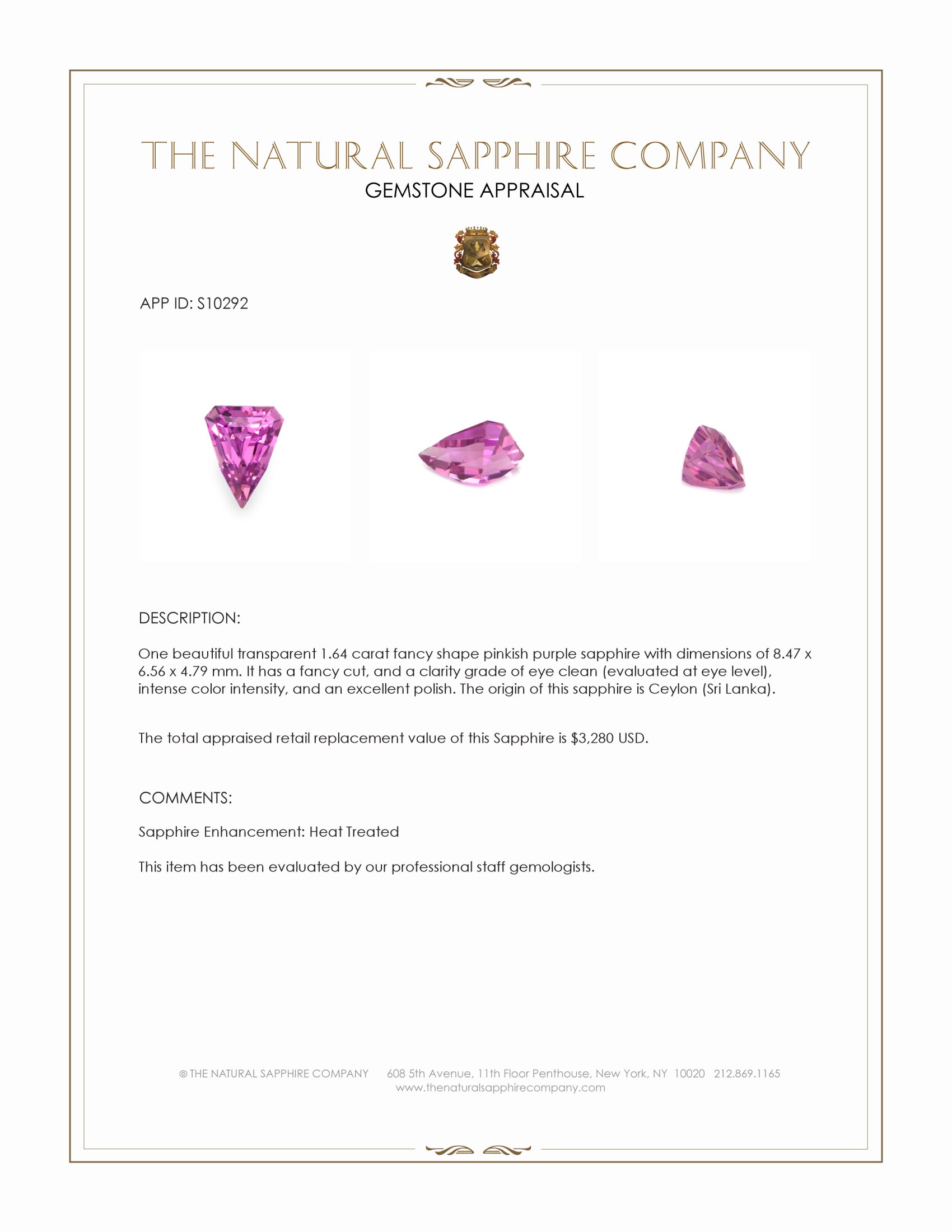 1.64 Ct. Pinkish Purple Sapphire from Ceylon (Sri Lanka)
