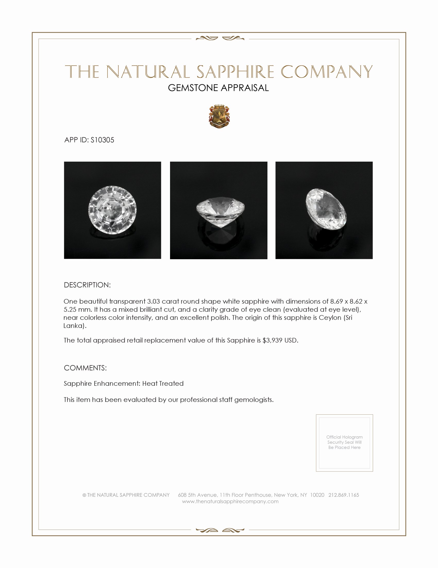 3.03 Ct. White Sapphire from Ceylon (Sri Lanka)