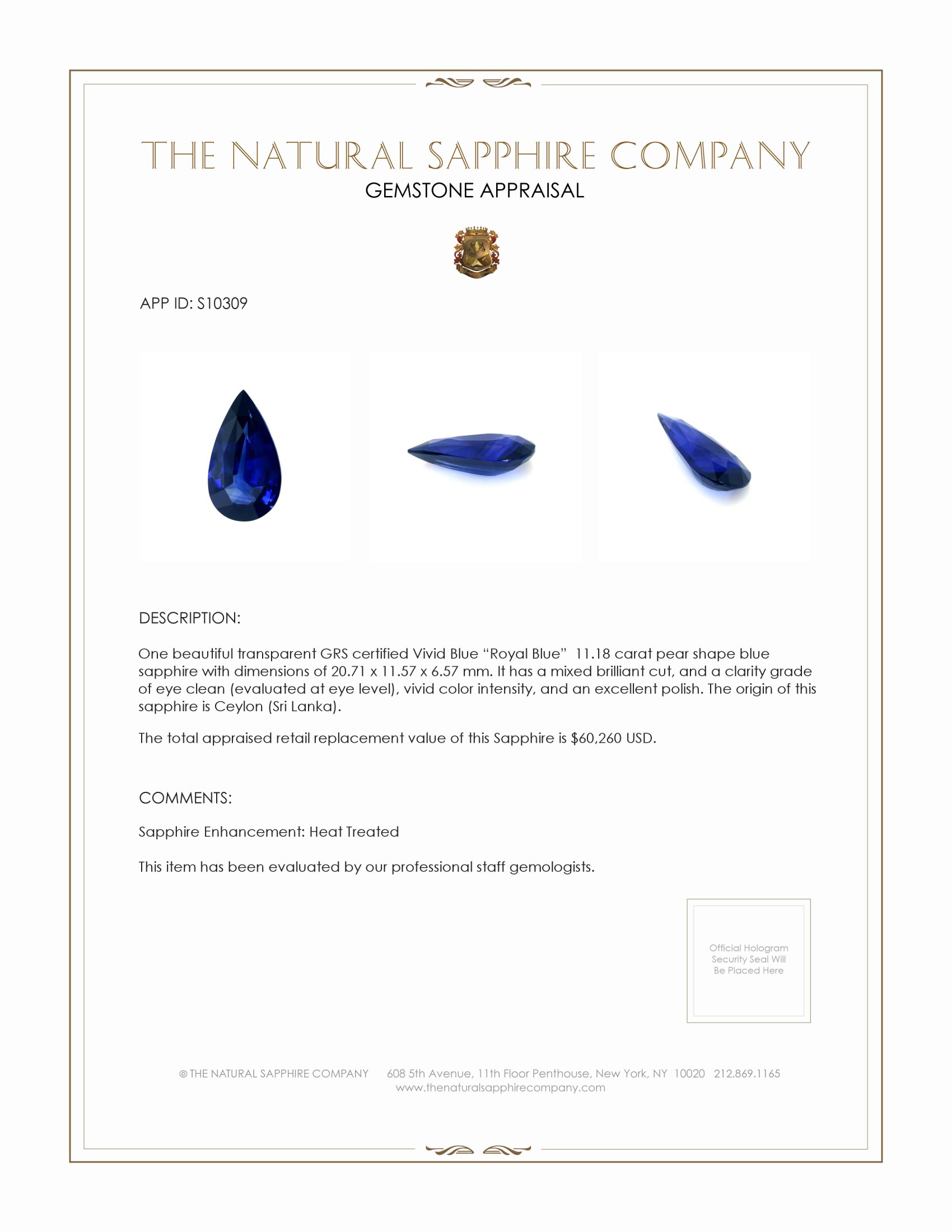 11.18 Ct. Blue Sapphire from Ceylon (Sri Lanka)